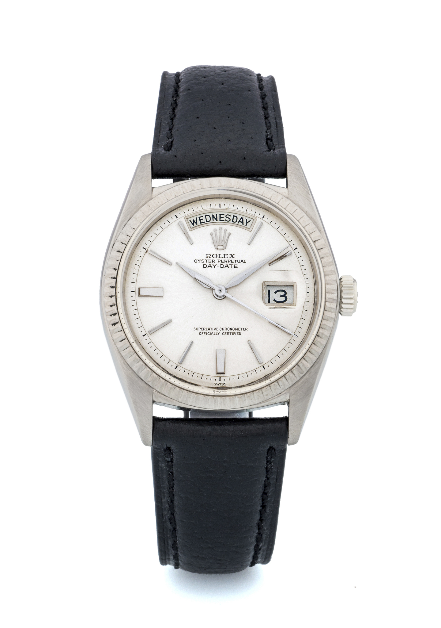 ROLEX, REF. 1803 DAY-DATE Fine and rare, self-winding, 18k white gold wristwatch with day and date.