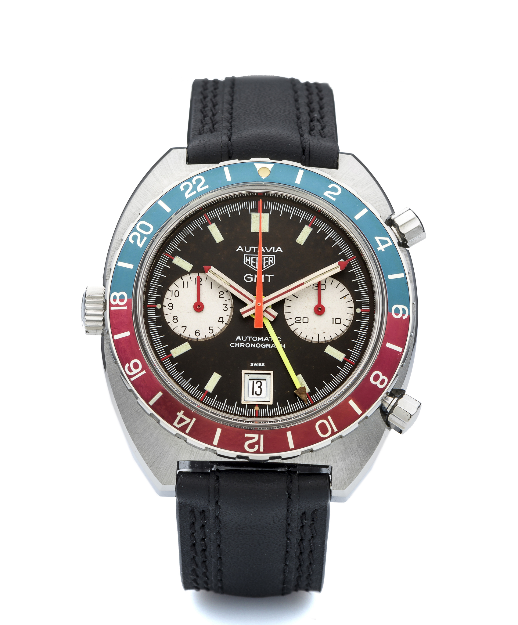 HEUER, REF. 11630, AUTAVIA GMT, TROPICAL DIAL A very fine, self-winding, stainless steel GMT wristwatch with date.
