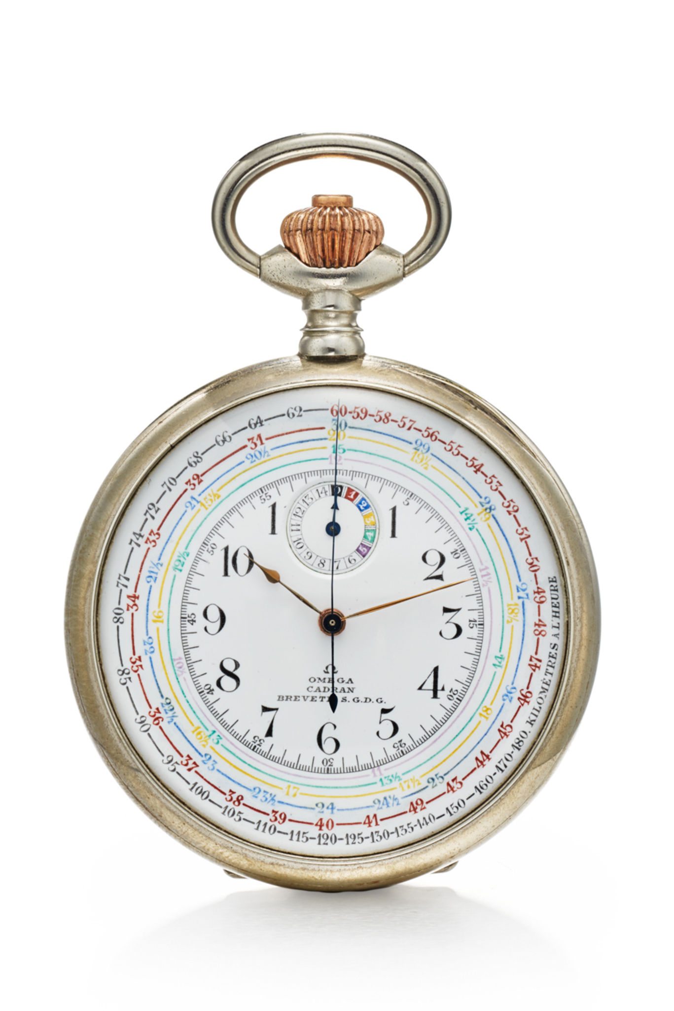 OMEGA POCKET WATCH FOR DRIVERS WITH CHRONOGRAPH, MINUTE RECORDER AND PATENTED MULTIPLE TACHOMETER SCALES DIAL; CHROMIUM PLATED METALEYE