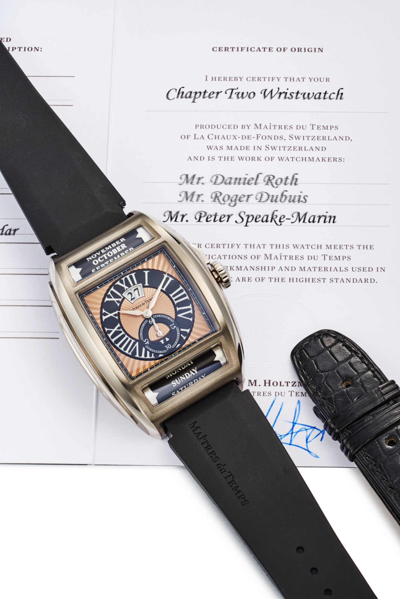 MAITRES DU TEMPS REF.C2T.00.21.152.CHAPTER TWO ROSE-BLACK DIAL TRIPLE CALENDAR 18K WHITE GOLD
