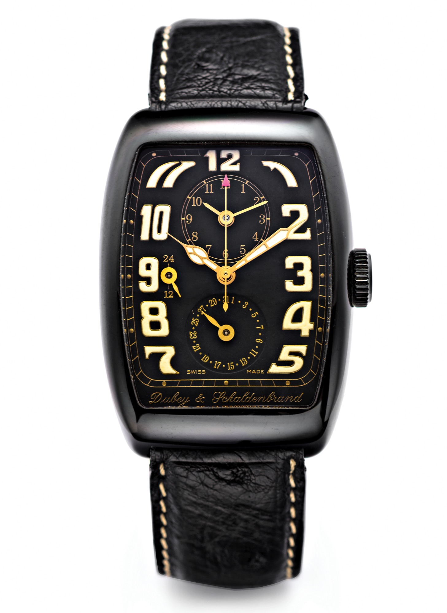 DUBEY & SCHALDENBRAND AERODYN DUO 
PVD AND STEEL 
Dubey & Schaldenbrand, Aerodyn Duo, 
Ref. 2230019.
Fine, self-winding, tonneau-shaped, PVD and 
stainless steel wristwatch with second time 
zone, 24-hour indicator and date and a stainless 
steel Dubey & Schaldenbrand buckle.