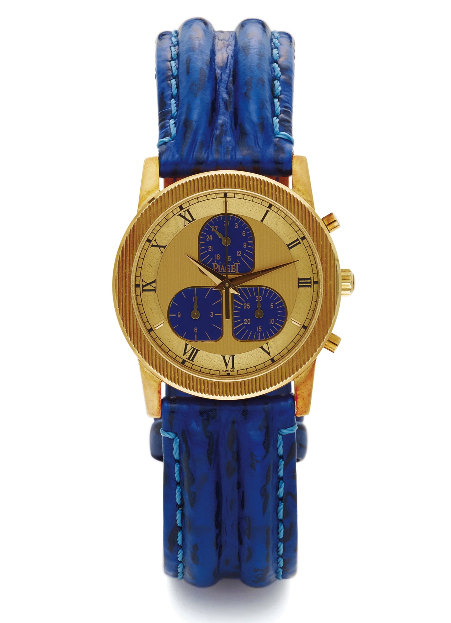 PIAGET QUARTZ 
CHRONOGRAPH YELLOW GOLD
Piaget, made in the 1990's. 
Fine, circular, 18K yellow gold quartz 
wristwatch with round-button chronograph, 
registers and date.