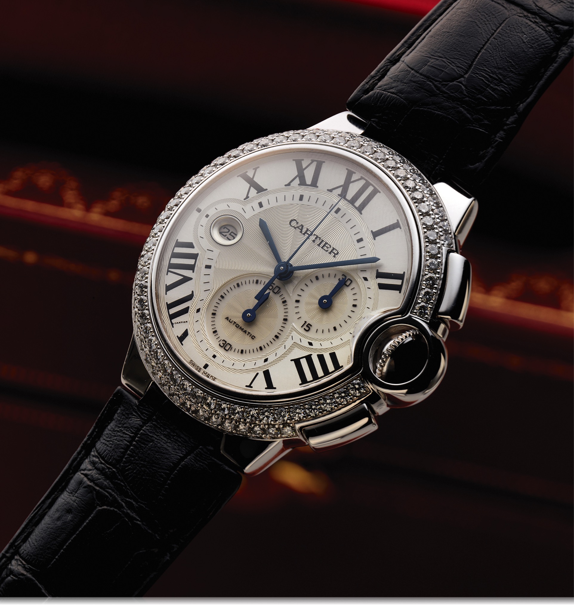 CARTIER REF. 3108 BALLON BLEU CHRONOGRAPH 
WHITE GOLD AND
DIAMOND
Cartier, "Ballon bleu Chronograph , Automatic," case No. 86877PX, 
Ref. 3108. Made circa 2008. 
Fine, large and heavy, self-winding, water-resistant, 18K white gold and diamond 
wristwatch with square button chronograph, registers, date and an 18K white gold 
Cartier deployant clasp. Accompanied by a Cartier box, Certificate( only stamped 
Cartier)user manual instruction booklet.