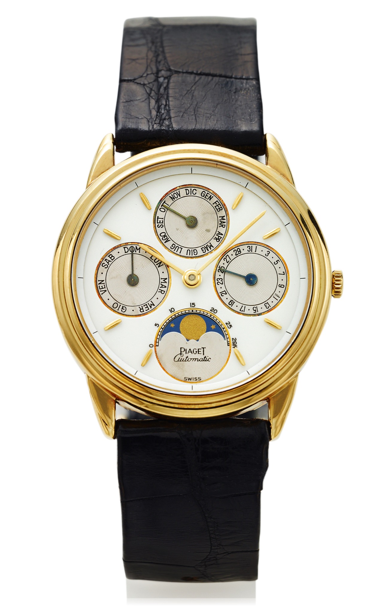 PIAGET REF. 15958 TRIPLE DATE 
MOONPHASES YELLOW GOLD 
Piaget, Genève, No. 514596, Ref. 15958. Made in the 1990's. 
Fine, astronomic, self-winding, 18K yellow gold wristwatch with triple date, lunar calendar and moon phases, and an 18K 
yellow gold Piaget buckle.