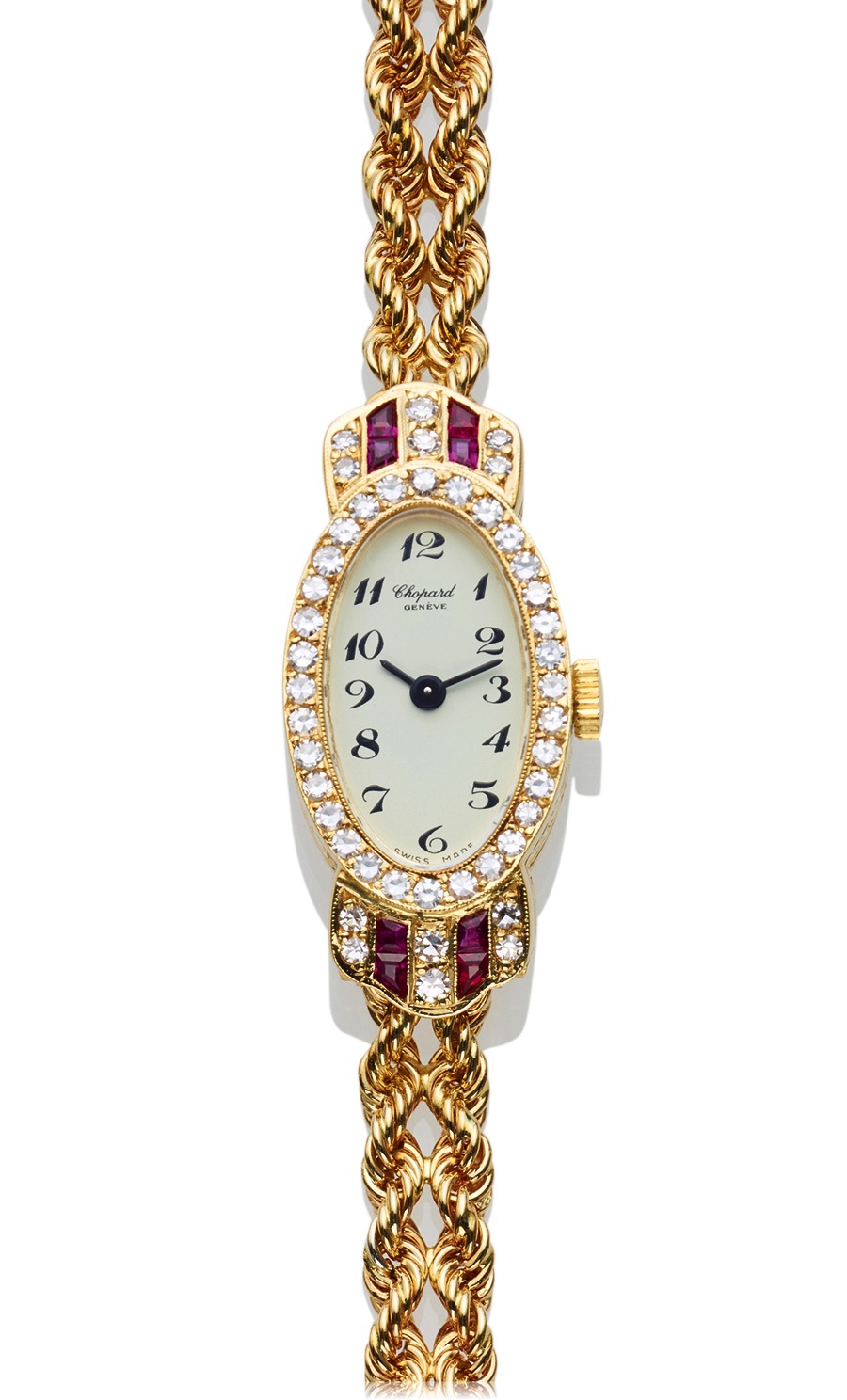 CHOPARD OVAL RUBY
DIAMOND AND YELLOW GOLD 
Chopard Genève, No. G 3767, case No. 162324, 
Ref. 5142. Made in the 1980's. 
Fine, oval, hand winding, 18K yellow gold, ruby and 
diamond lady's wristwatch and with an 18K yellow 
gold Chopard bracelet.