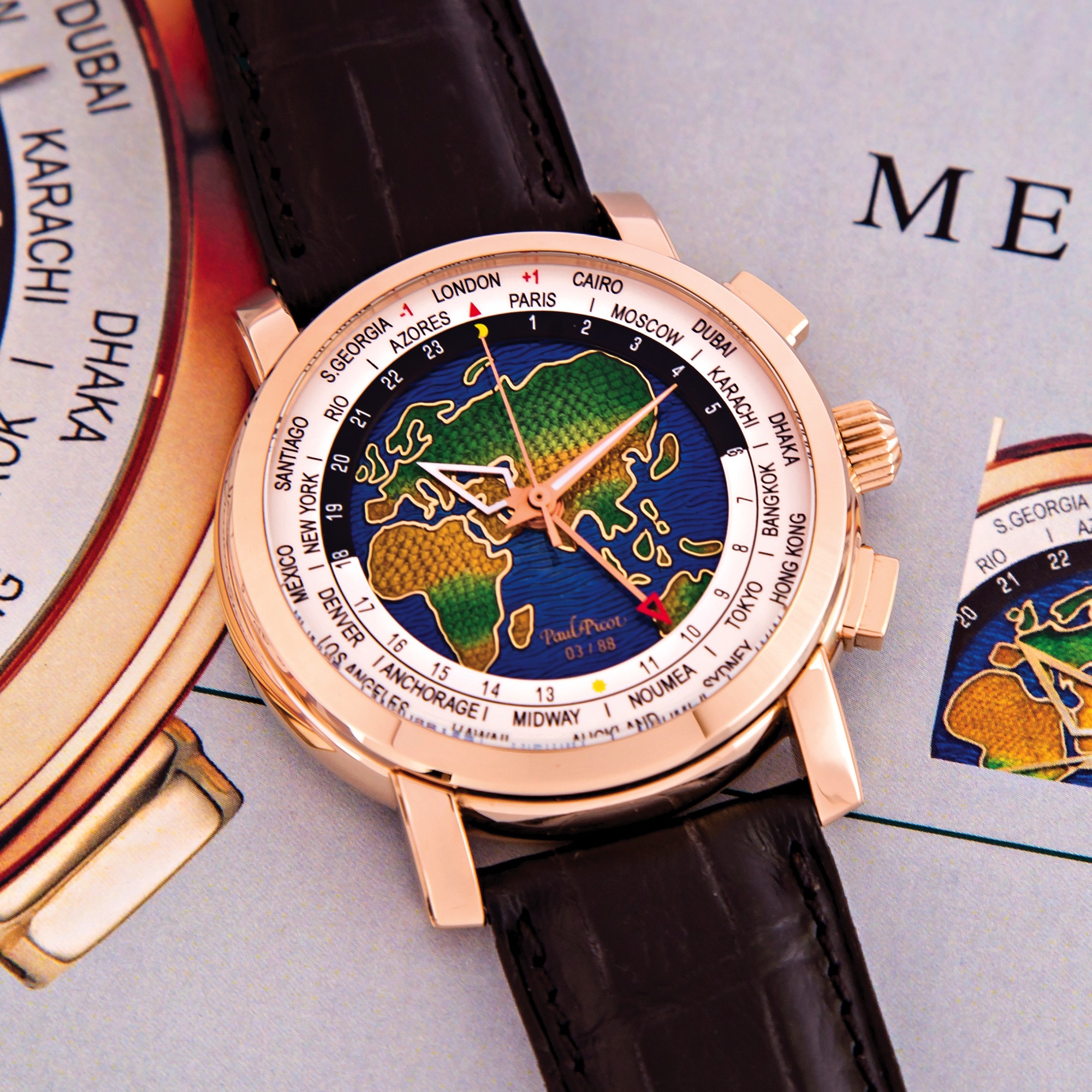 PAUL PICOT ENAMEL DIAL WORLD TIME PINK GOLD 
Paul Picot, Genève, "MEGA ROTOR GMT- GRAND FEU ENAMEL", Ref. P0482.RG.1021. 
Made in a limited series of 88 pieces in 2016. 
Very fine and rare, self-winding, water-resistant, 18K pink gold, champlevé enamel, center-seconds, 
world-time wristwatch and an 18K pink gold Paul Picot buckle. Accompanied by a Paul Picot fitted 
wooden box, Warranty (blank), Certificate of Origin, hang-tag and instruction card.