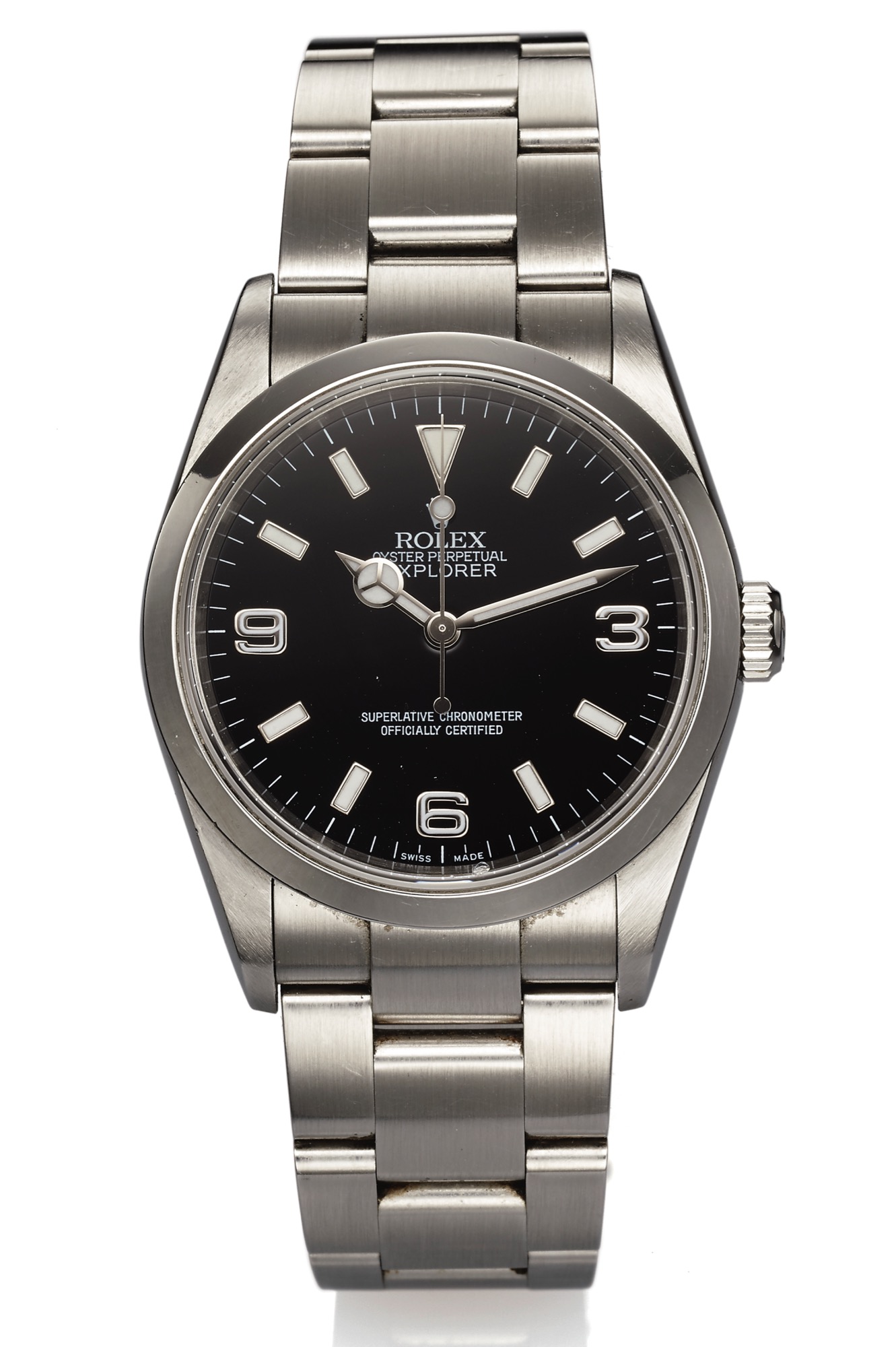 ROLEX REF. 114270 EXPLORER STEEL
Rolex, Oyster Perpetual, "Explorer, Superlative Chronometer, 
Officially Certified," case No. Y937791, Ref. 114270. Made in 2002. 
Fine, center seconds, self-winding, water-resistant, stainless steel 
wristwatch with a stainless steel Rolex Oysterlock bracelet Ref. 78690.