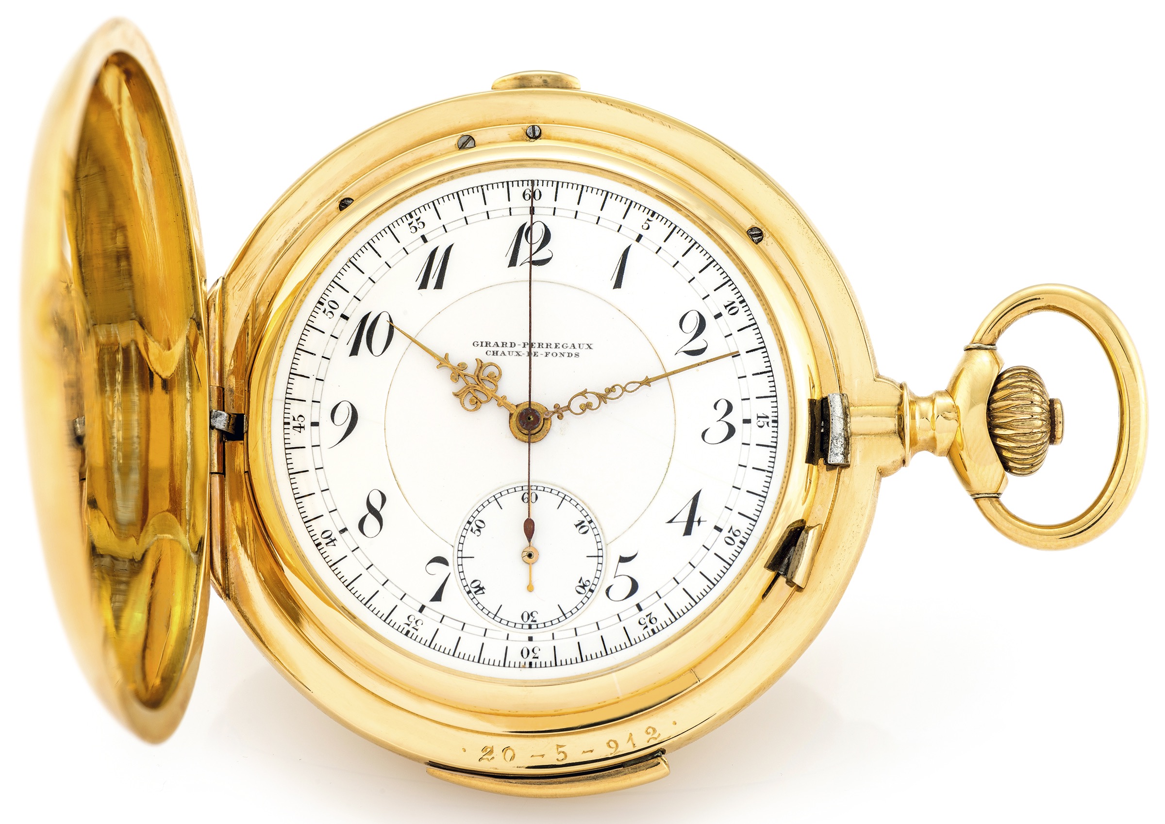 GIRARD-PERREGAUX MINUTE REPEATER 
AND CHRONOGRAPH YELLOW GOLD
Girard-Perregaux, Chaux-de-Fonds, "Chronomètre Répétition à 
Minutes Chronographe", No. 329701. Made circa 1910. 
Fine, large, minute-repeating, hunting-cased, keyless 18K gold 
pocket watch with chronograph.