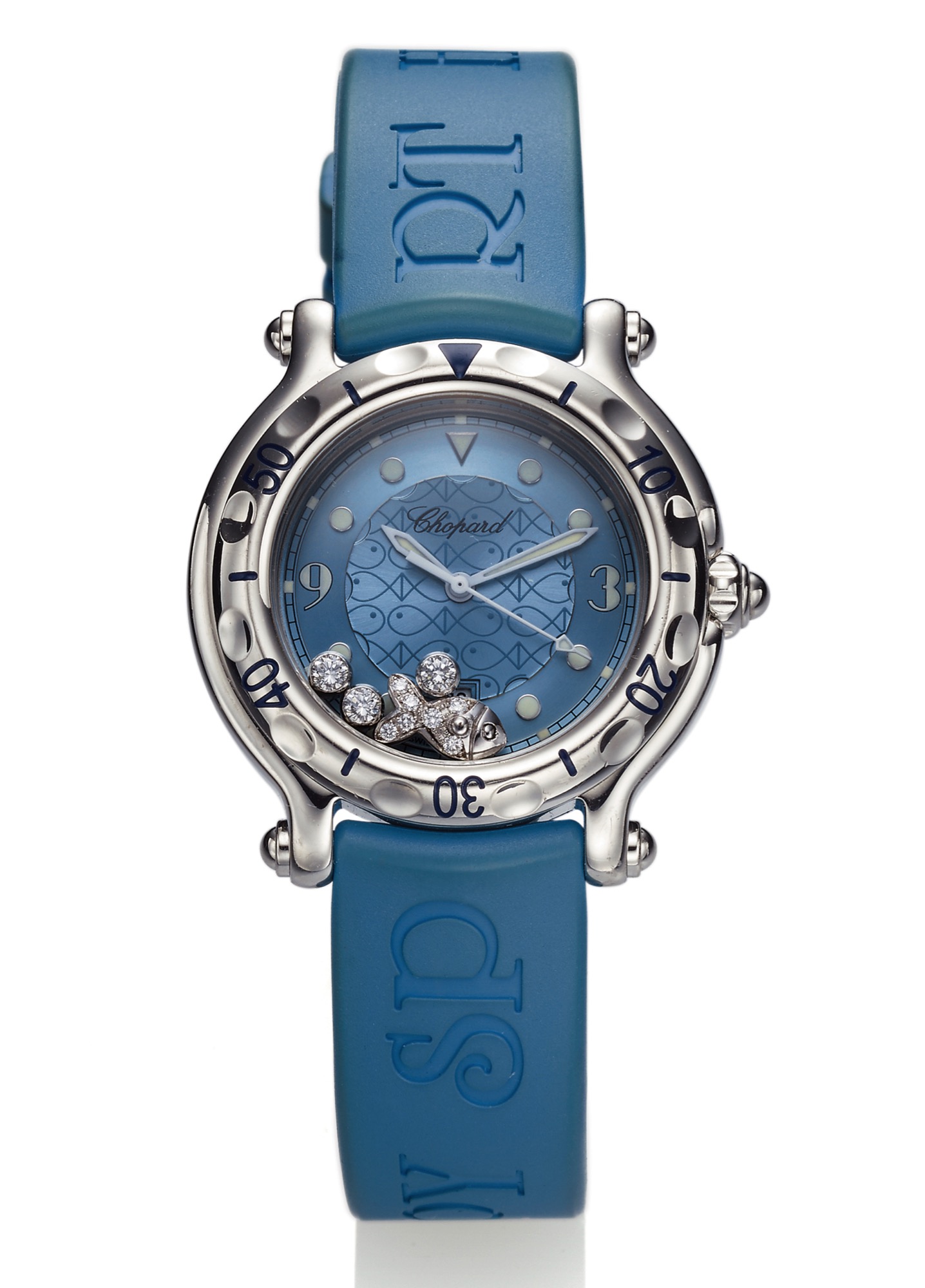 CHOPARD REF. 8236 HAPPY SPORT FISH 
STEEL &
DIAMOND QUARTZ
Chopard, Genève, "Happy Sport," case No. 941432, 
Ref. 8236. Made in the 2000s. 
Fine and unusual, water-resistant, center seconds, 
stainless steel quartz lady's wristwatch with date, 
three 'floating' diamonds & a diamond-set fish and 
a steel Chopard buckle. Accompanied by a fitted 
Chopard box.