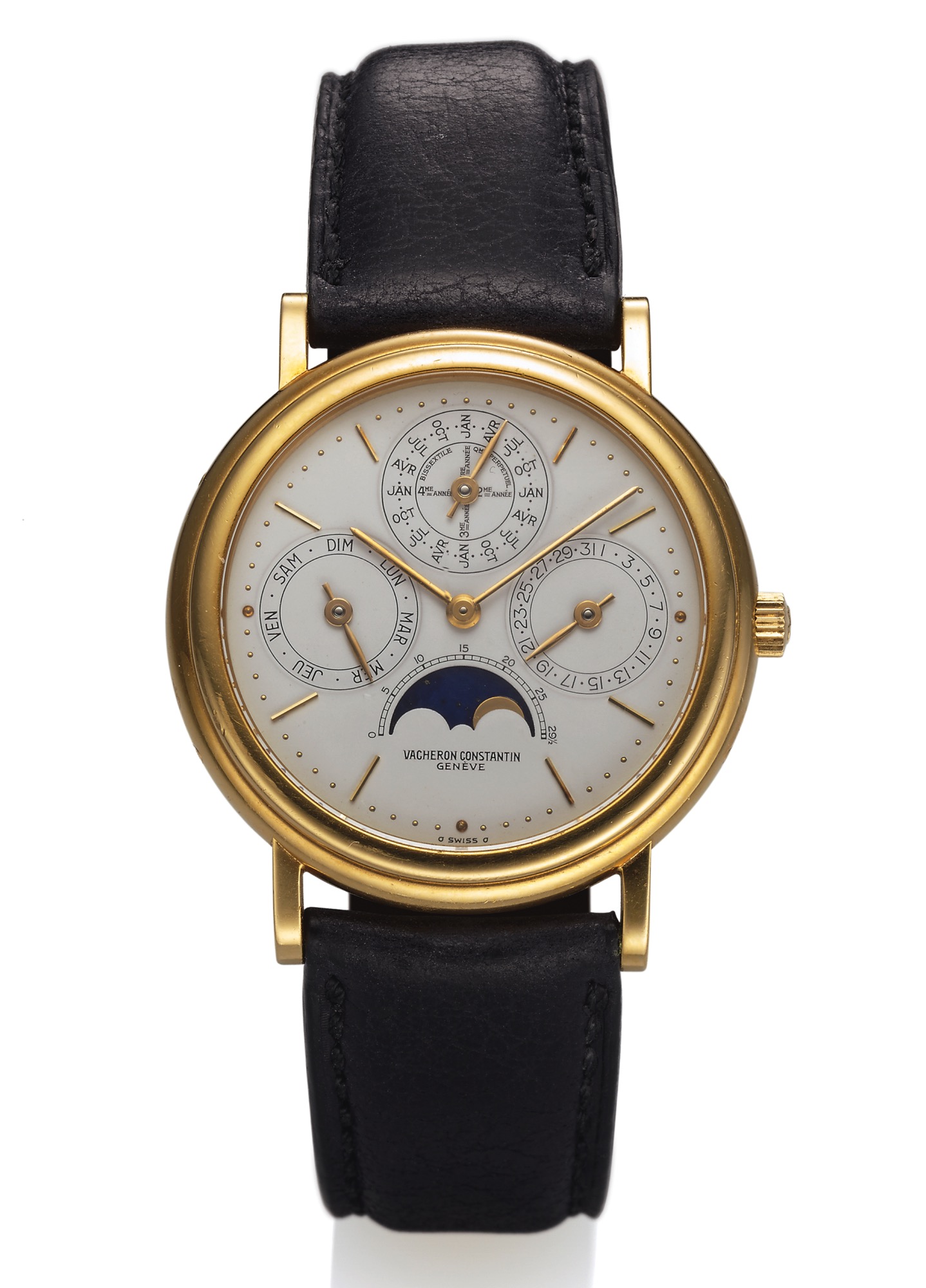 VACHERON CONSTANTIN REF. 43031 
PERPETUAL CALENDAR YELLOW GOLD 
Vacheron Constantin, Genève, No. 709170, case No. 566994, 
Ref. 43031. Made in the 1990s. 
Very fine, self-winding, 18K yellow gold wristwatch with 
perpetual calendar and moon phases.