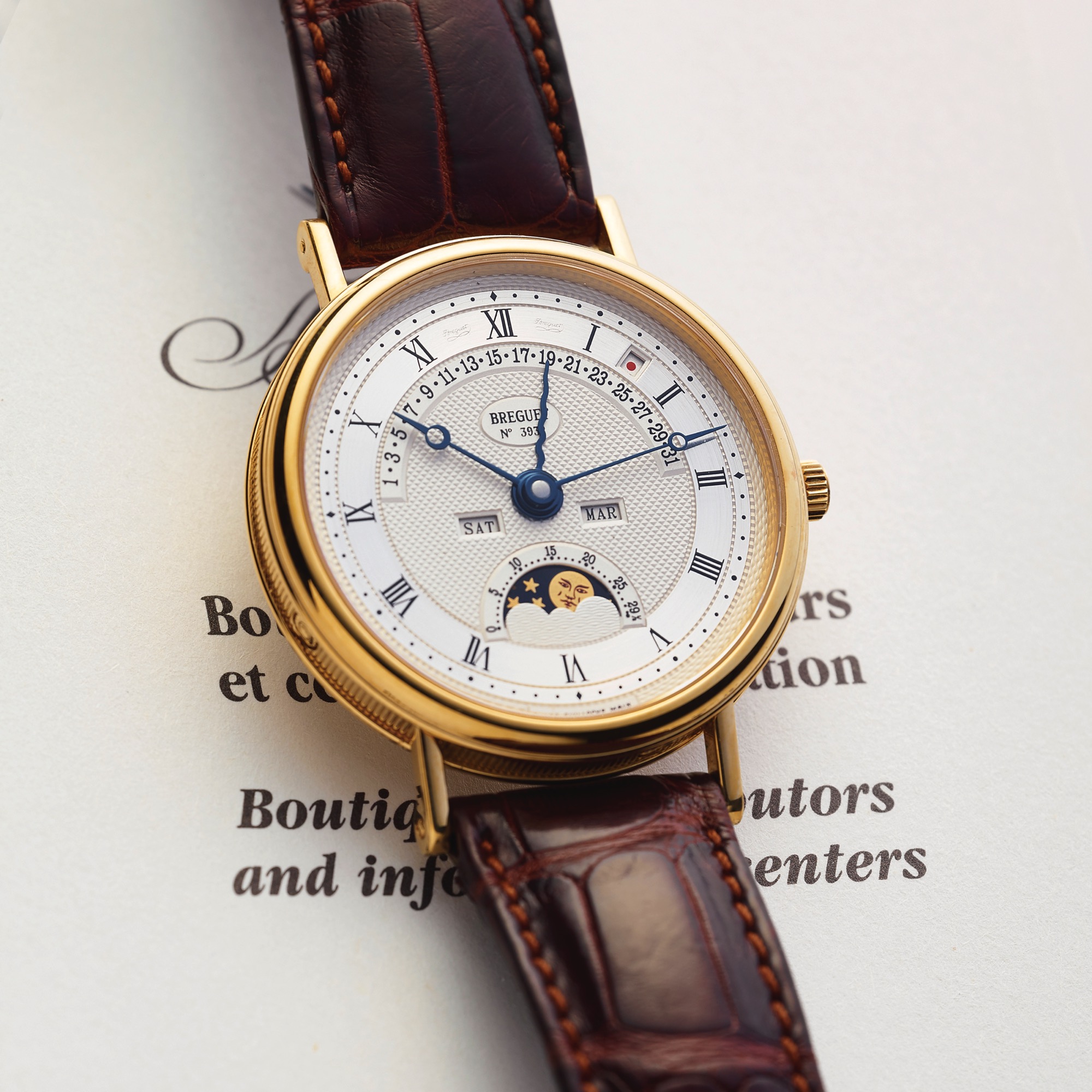 BREGUET REF. 3787 PERPETUAL CALENDAR YELLOW GOLD 
Breguet, "Classique- Perpetual Calendar, Retrograde Date", movement 
No. 5388, No. 3932, Ref. 3787. Made circa 2000. Sold on 4th June 2002. 
Very fine and rare, self-winding, 18K yellow gold wristwatch with 
perpetual calendar, retrograde date, age and phases of the moon, leap 
year indications, two barrels and an 18K yellow gold Breguet deployant 
clasp. Accompanied by the certificate of origin.