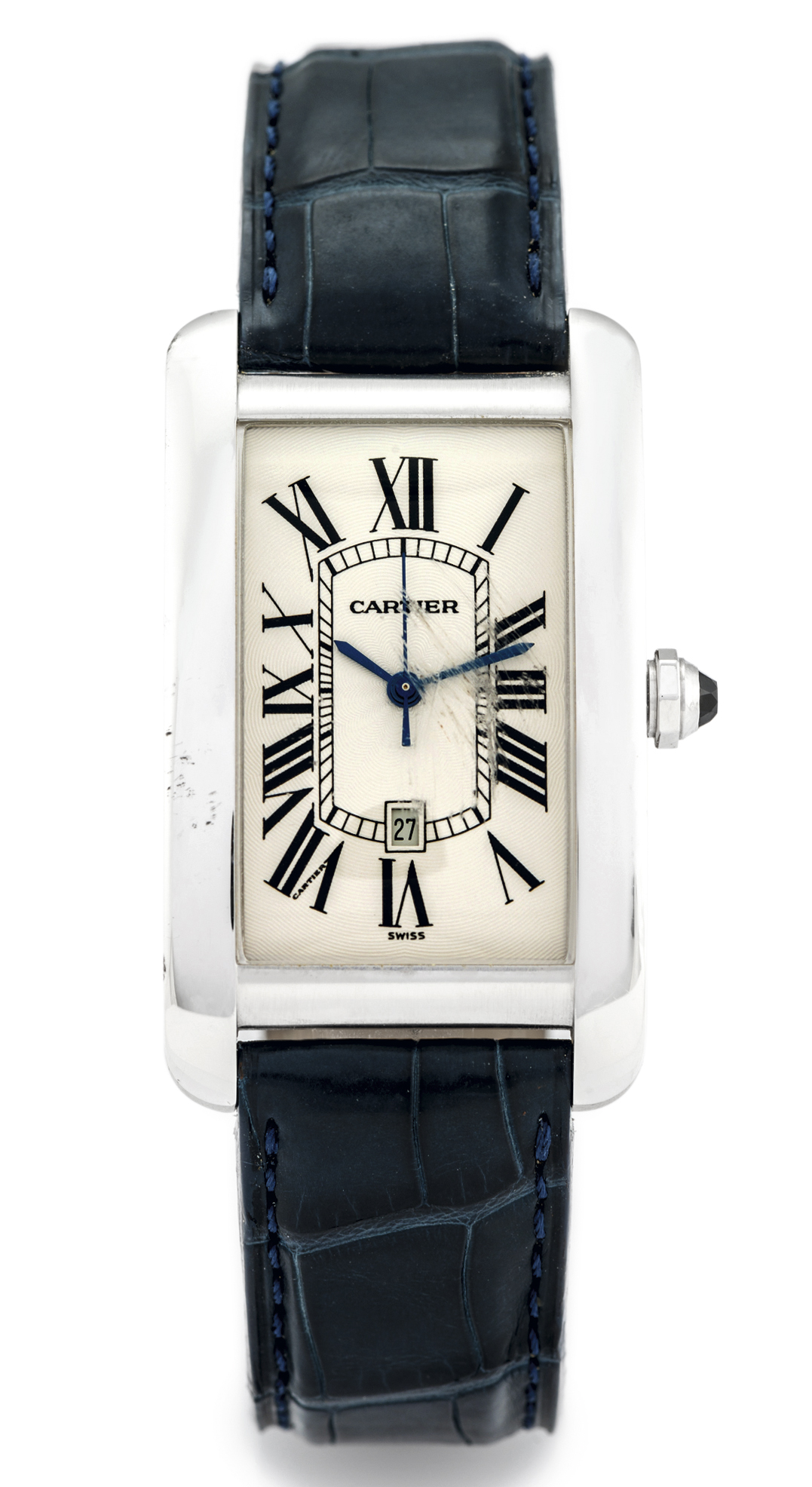 CARTIER TANK AMERICAINE WHITE GOLD 
Cartier, "Tank Americaine,", case No. 105411CD , Ref. 1741. Made in the 1990s. 
Very fine, rectangular curved, center seconds, self-
winding, water-resistant, 18K white gold wristwatch with date and an 18K white gold Cartier buckle
Dial, case, and movement signed.