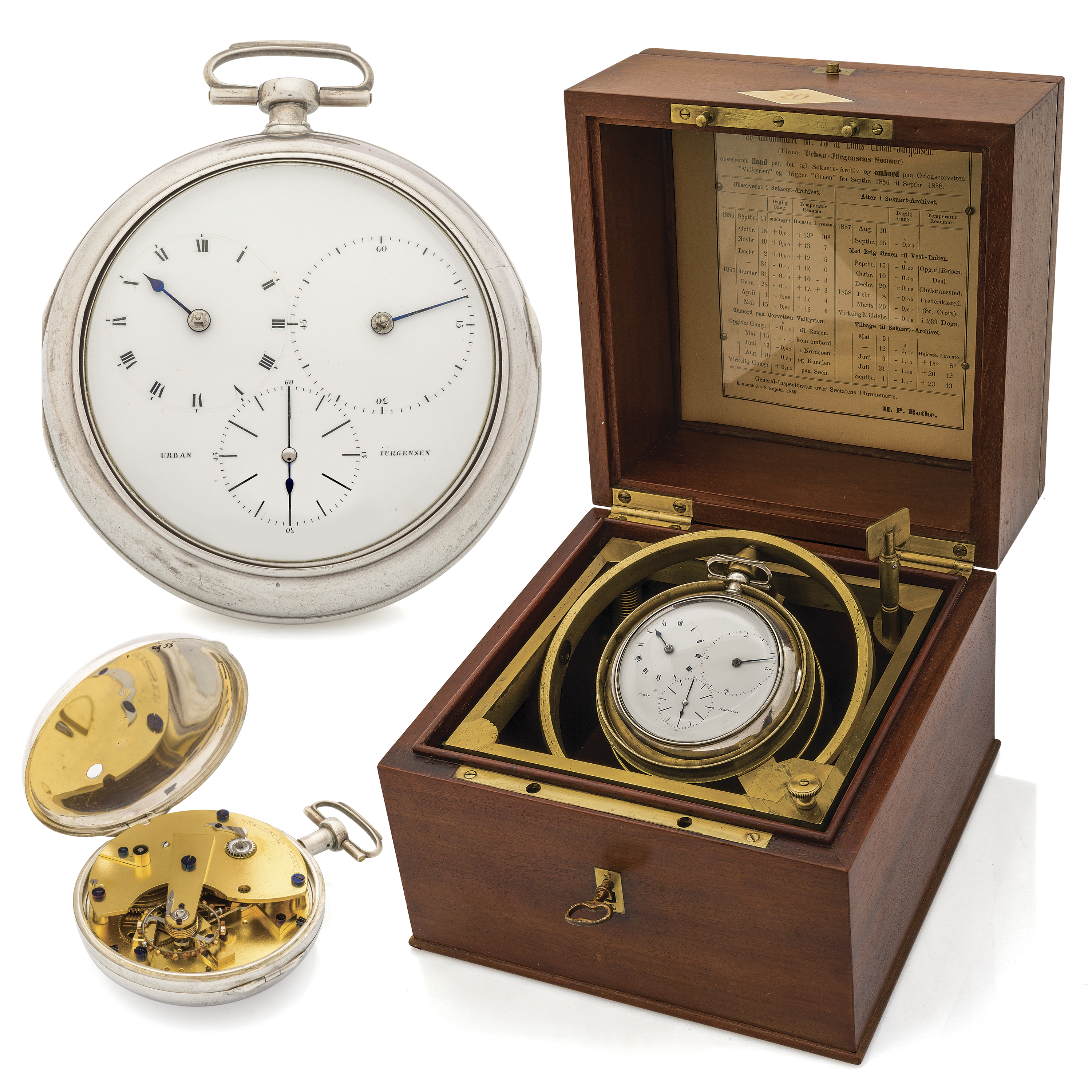 URBAN JURGENSEN DECK CHRONOMETER Urban Jürgensen, No. 56. Made circa 1812. 
Exceptionally fine and rare large silver free-sprung deck 
Chronometer with helical gold balance spring, and regulator 
dial in original three-tier fitted mahogany box.