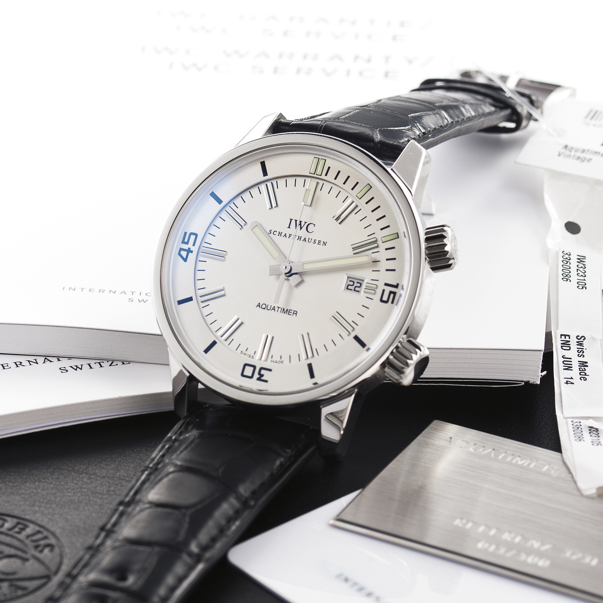 IWC REF. 3231 AQUATIMER PLATINUM 
International Watch Co., Schaffhausen, Aquatimer Automatic, 
Ref. 3231. Made in a limited edition of 500 pieces circa 2008. 
Fine and rare, center seconds, self-winding, water-resistant, 
large and heavy platinum diver's wristwatch with date and 
platinum IWC buckle. Accompanied by the original IWC fitted 
box, guarantee card and instruction booklet.