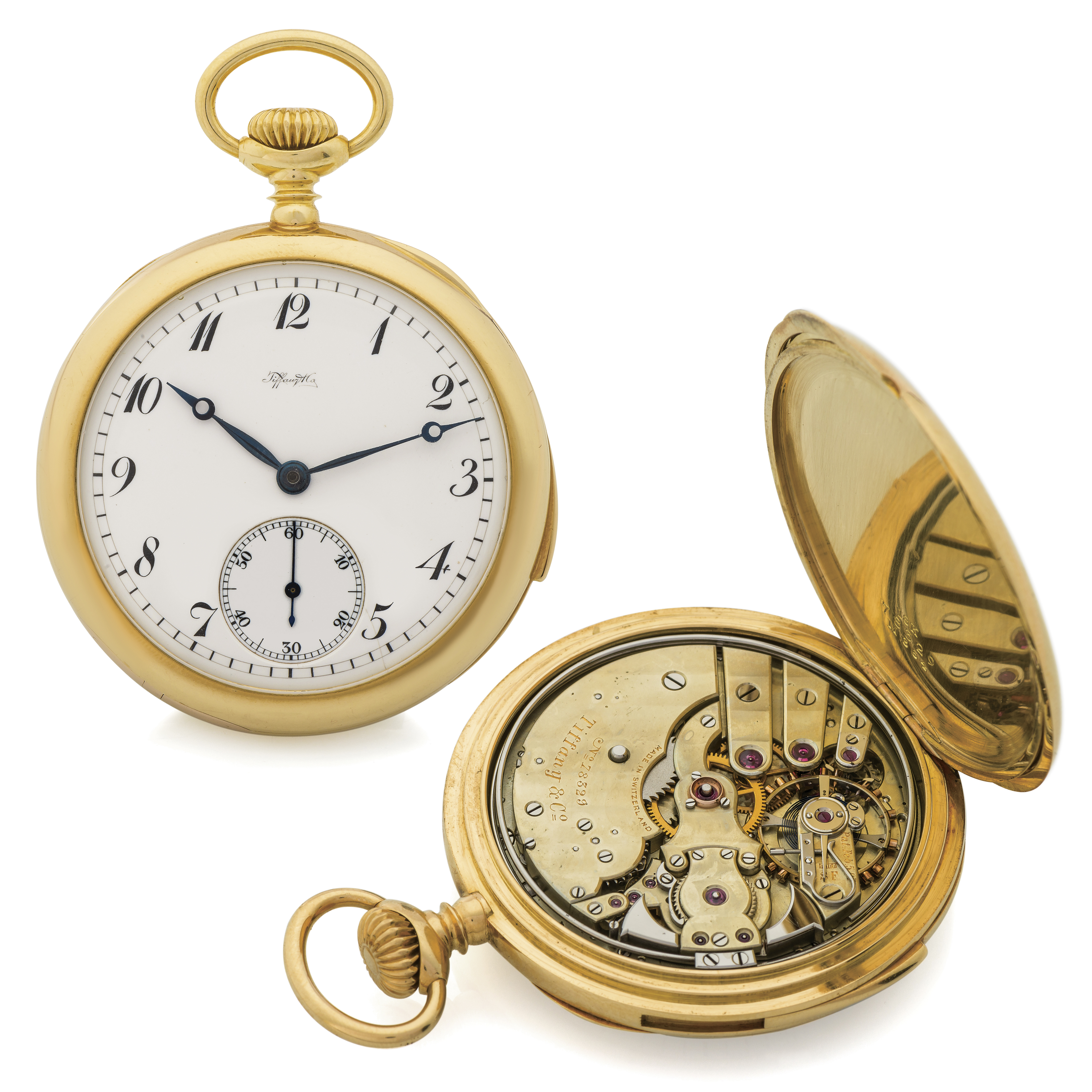 PATEK PHILIPPE FOR TIFFANY FIVE-MINUTE 
REPEATER POCKET WATCH YELLOW GOLD 
Patek Philippe & Co., Genève, No. 78329, retailed 
and cased by Tiffany & Co. Made in 1888, sold as a 
movement in 1889. 
Fine and rare, keyless, five-minute-repeating, 18K 
yellow gold pocket watch. Accompanied by a copy 
of the Patek Philippe registers confirming the sale to 
Tiffany in 1889 for CHF 319.37.
