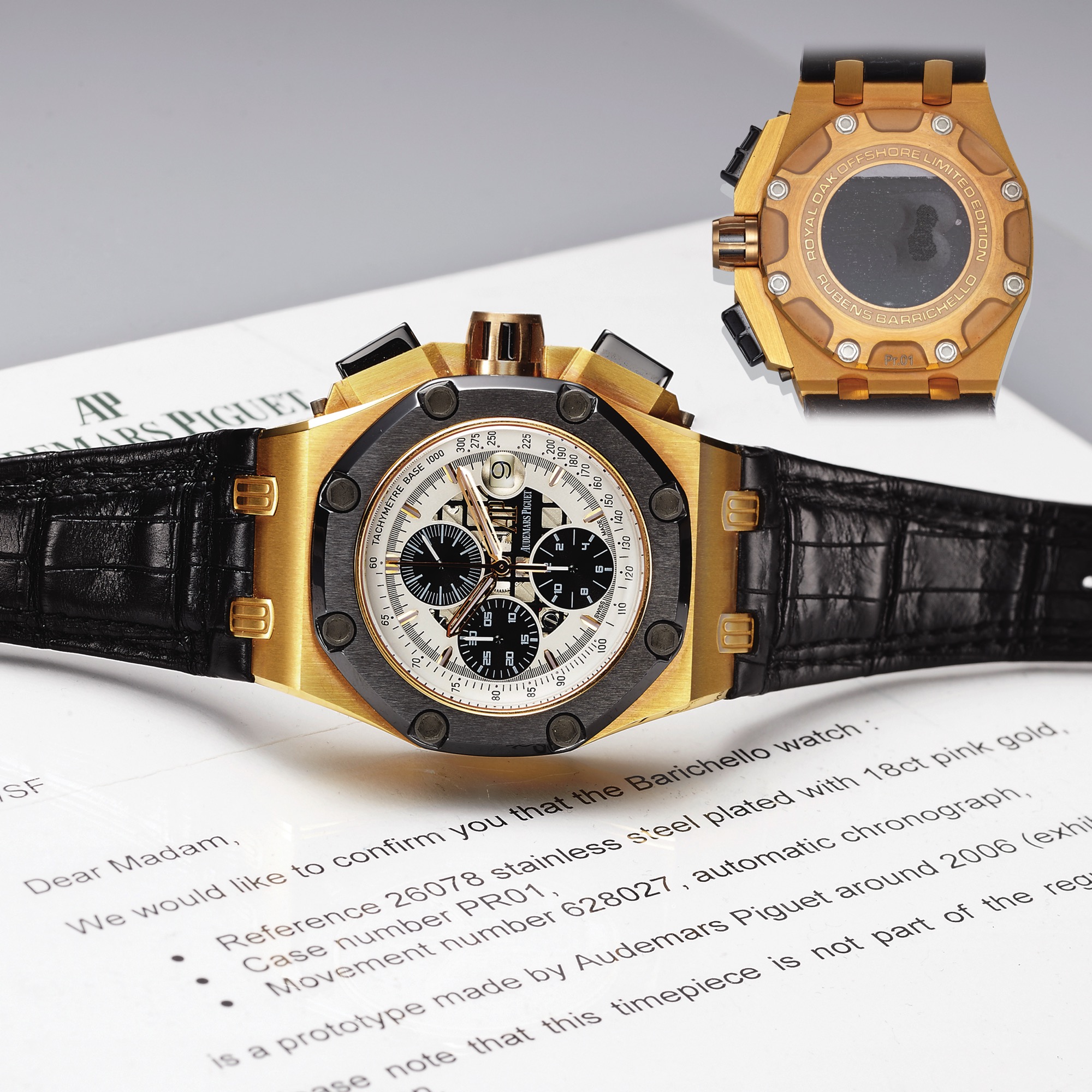 AUDEMARS PIGUET RUBENS BARRICHELLO II PROTOTYPE
Audemars Piguet, Royal Oak Offshore, Rubens Barrichello II, Ref. 26078, PR01. Made as a prototype 
for exhibition purposes only. 
Exceptionally rare and probably unique, oversized, octagonal, self-winding, water-resistant, stainless 
steel, pink gold plated and ceramic wristwatch with date, square button chronograph, registers, 
tachometer and an Audemars Piguet stainless steel and pink gold plated deployant buckle. 
Accompanied by a letter f