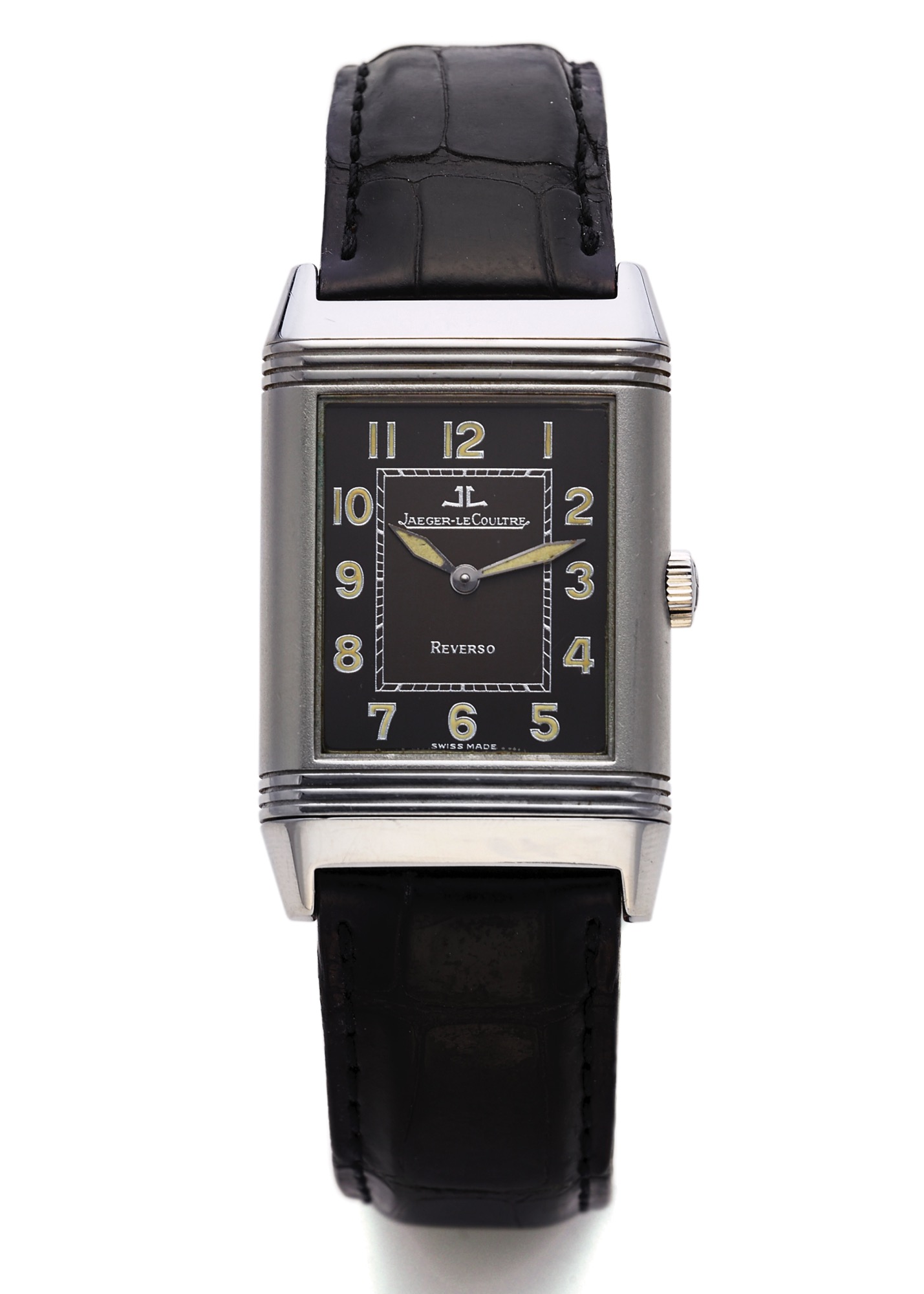 JAEGER LECOULTRE REVERSO STEEL
Jaeger-LeCoultre, Reverso Shadow, case No. 1727675, 
Ref. 271.8.61. Made in the late 1990s. 
Fine, rectangular, water-resistant, stainless steel 
gentleman's reversible wristwatch with Jaeger 
Lecoultre deployant clasp.