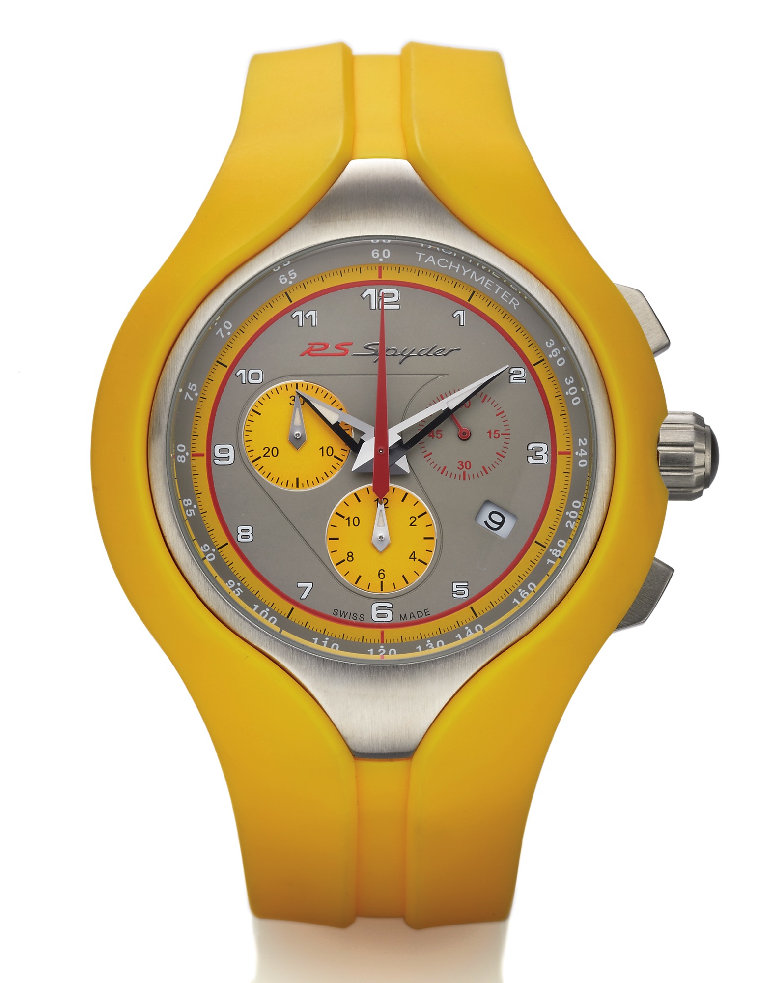 PORSCHE DESIGN REF. WAP07 RS SPYDER SPEED 
CHRONOGRAPH QUARTZ 
Porsche Design, "RS Spyder," case No. 000454, Ref. WAP07000161. Made circa 2005. 
Fine and unusual, water resistant to 100 m, stainless steel 
and yellow rubber quartz wristwatch with square button 
chronograph, registers, date, tachometer and Porsche Design 
yellow rubber double case and strap with brushed stainless 
steel buckle. Accompanied by the original fitted box, 
guarantee and instruction booklet.
