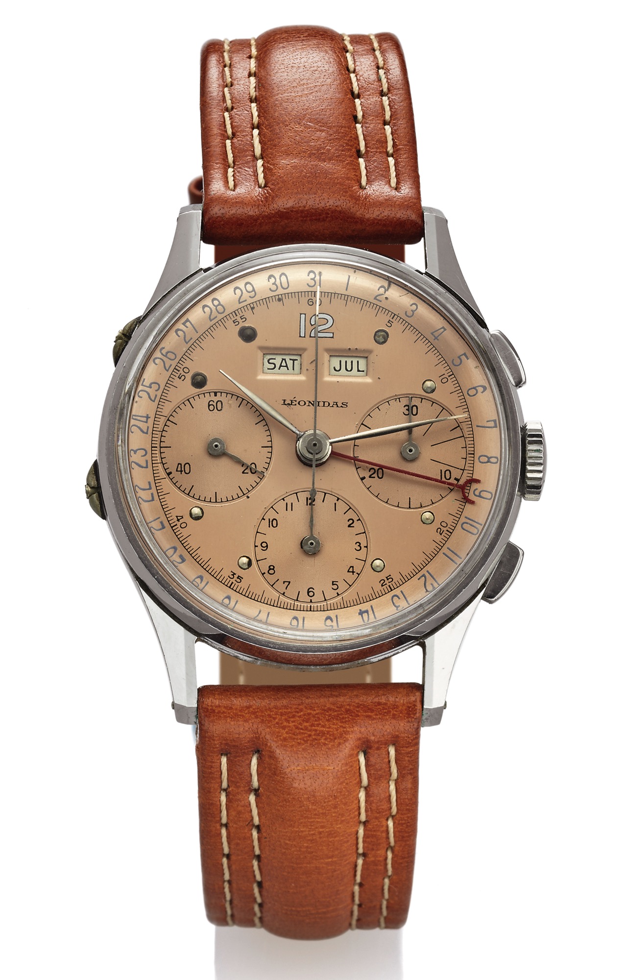 LEONIDAS TRIPLE DATE CHRONOGRAPH STEEL
Leonidas, case No. 398936. Made in the 1940s. 
Fine and rare, stainless steel wristwatch with square button 
chronograph, registers and triple date.