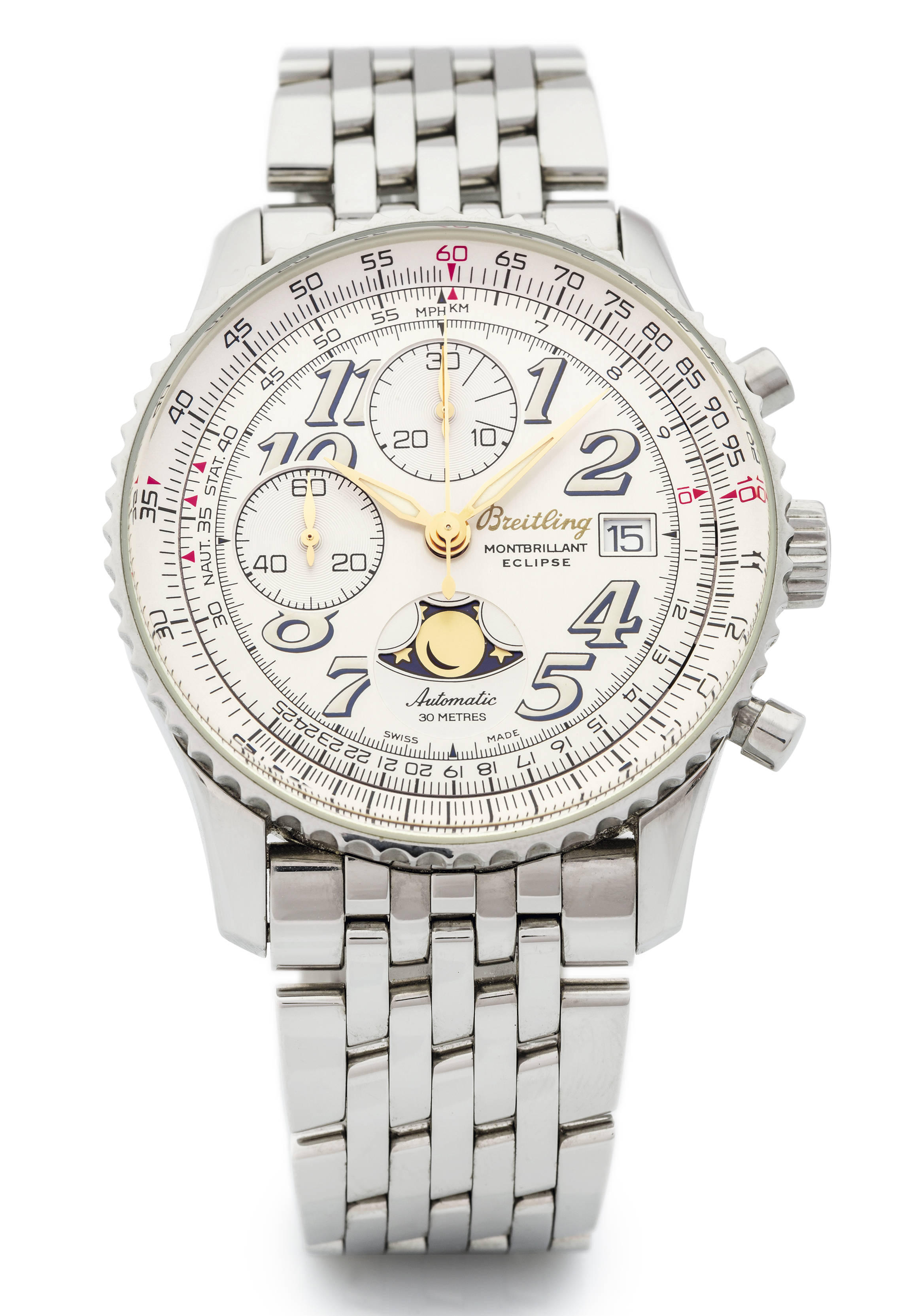 BREITLING MONTBRILLANT ''ECLIPSE''
 Montbrillant Eclipse Automatic, Serie Speciale Ref. A43030. 
Made circa 2000. 
Fine and rare, stainless steel, water-resistant, self-winding 
Chronometer wristwatch with round button chronograph, register, 
telemeter, slide-rule, date, moon phases, mnemonic world-
time chart and an 18K yellow gold Breitling deployant clasp.
Accompanied by the original box