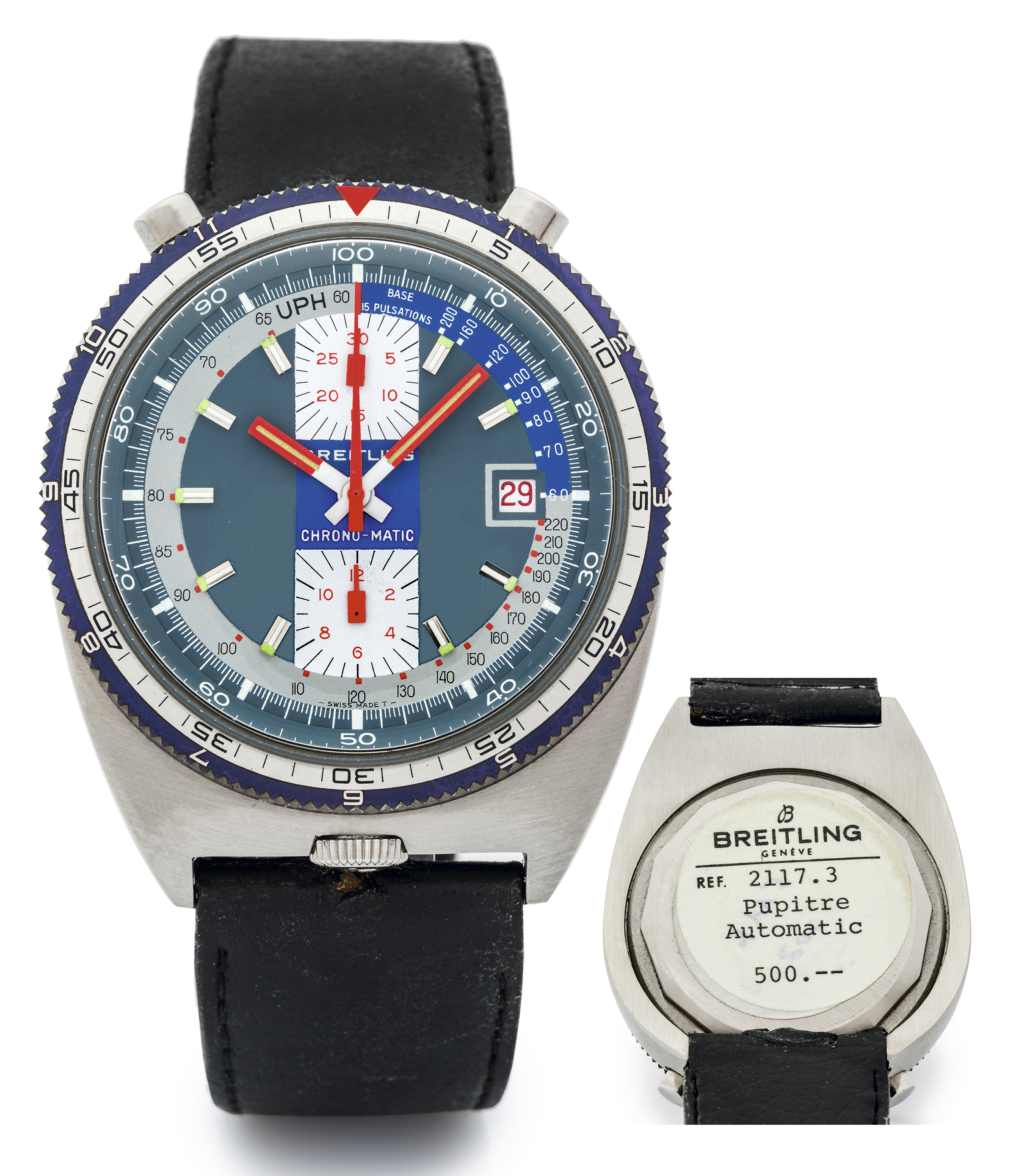 BREITLING REF. 2117.3 PUPITRE BULLHEAD PULT 
CHRONO-MATIC STEEL [NEW OLD STOCK]
Breitling, "Pupitre, Chrono-matic", Ref. 2117.3. Made circa 
1970. 
Very rare, fine and unusual, self-winding, water-resistant, 
asymmetric, stainless steel wristwatch with round-button 
chronograph, date, 30-minute register.