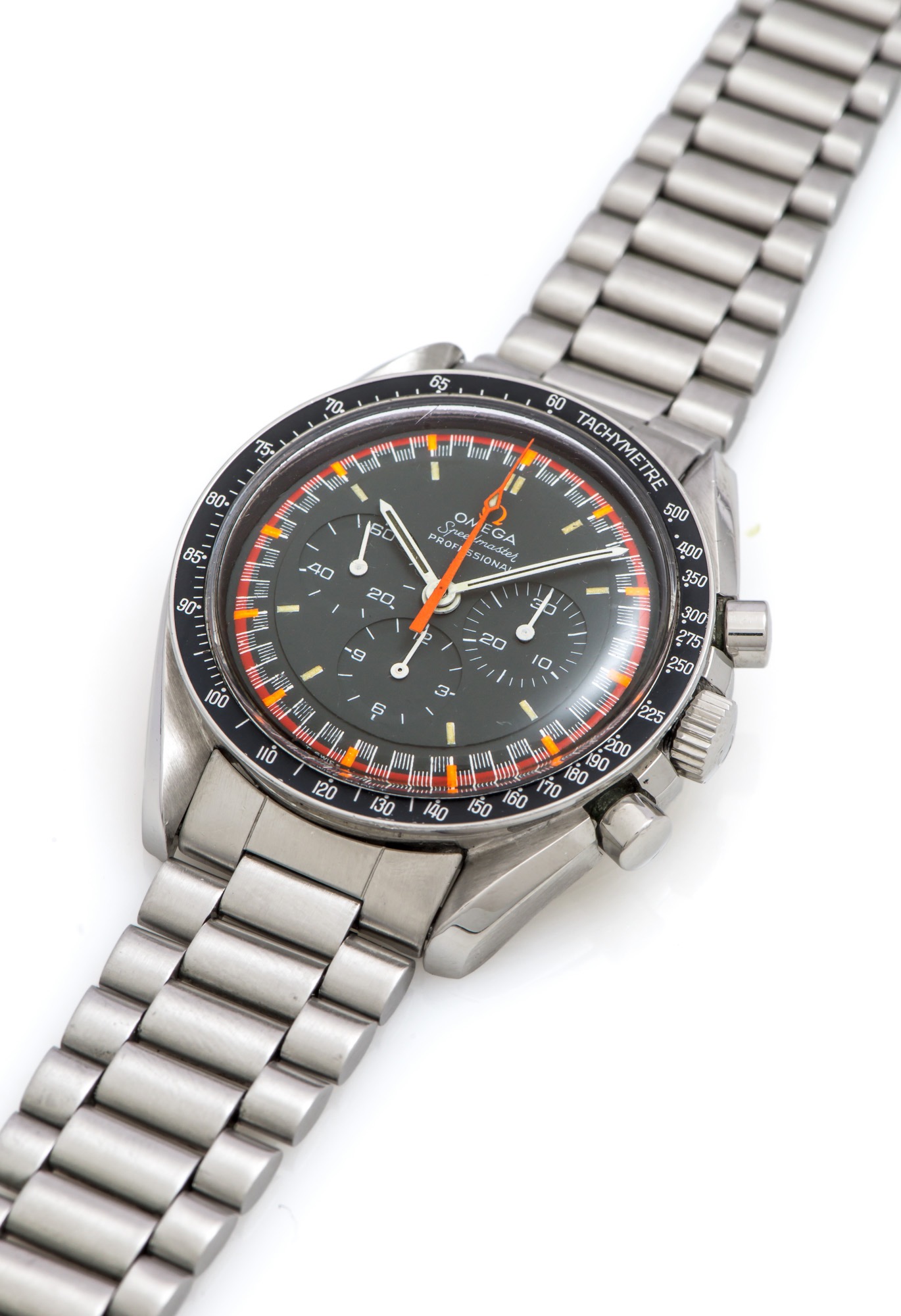 OMEGA SPEEDMASTER REF. 145022-69 ST CHRONOGRAPH RACING DIAL STEEL 
Omega, Speedmaster, Professional, movement No.31615908, Ref. 145022-69 ST. Made in 1970s.
Very fine and rare, manual-winding, water resistant, anti-magnetic, stainless steel with chronograph, 
registers, tachymeter, and a stainless steel Omega bracelet with deployant clasp.