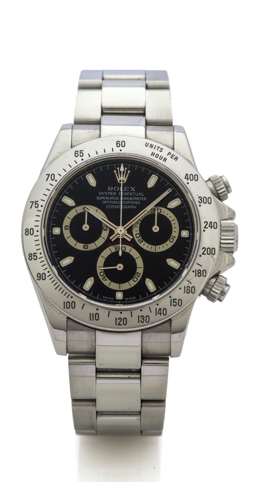 ROLEX REF. 116520 BLACK DIAL DAYTONA STEEL
Rolex, "Oyster Perpetual, Superlative Chronometer, Officially Certified, Cosmograph 
Daytona" case No. P497821, Ref. 116520.
Fine, self-winding, water-resistant, stainless steel wristwatch with round button 
chronograph, registers, tachometer and a stainless steel Rolex Oysterlock bracelet.