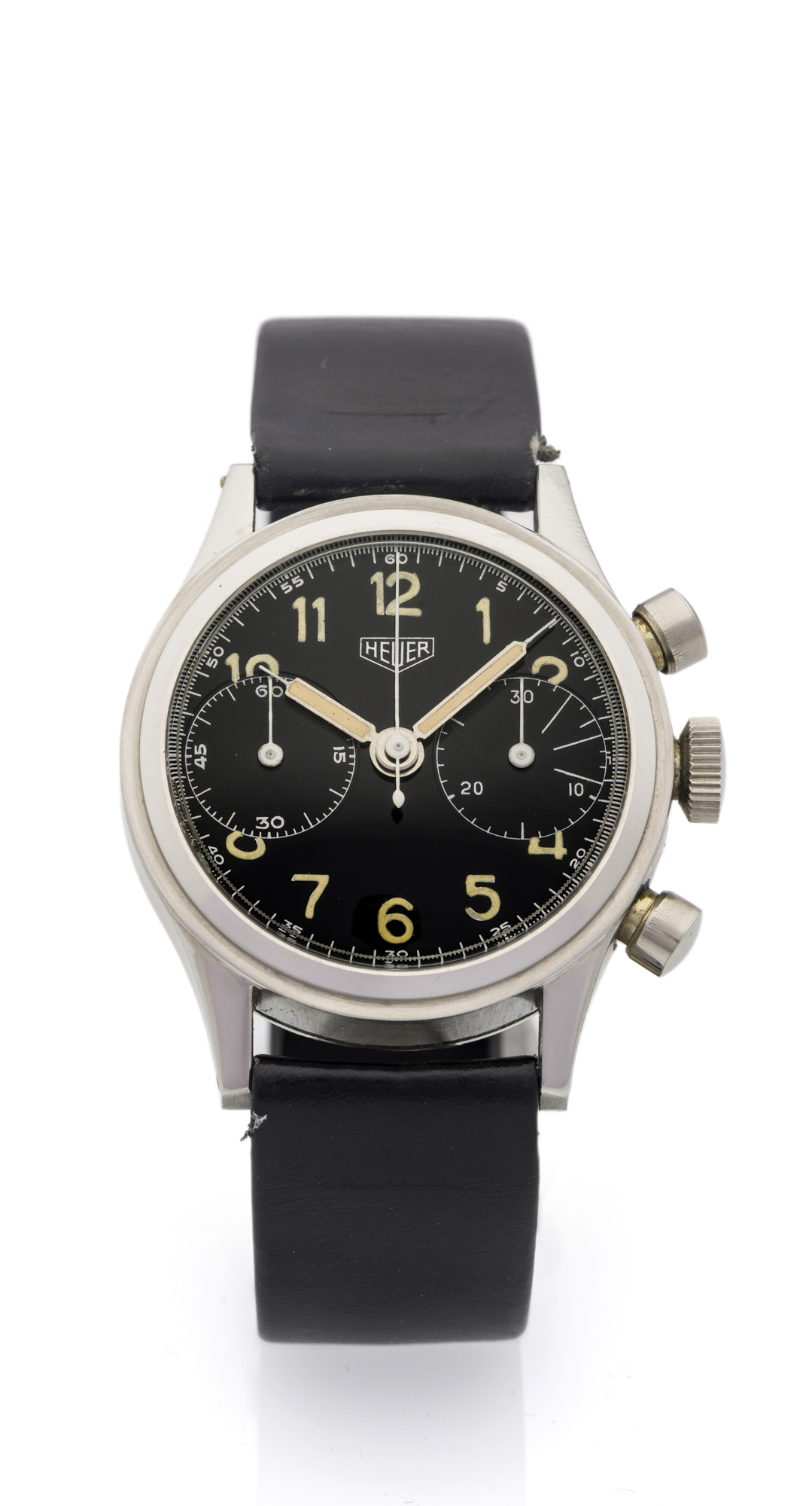 HEUER, BIG EYE CHRONOGRAPH, BLACK DIAL, STEEL
Heuer, Swiss, case No. 314536. Made circa 1945. 
Fine and rare, water-resistant, stainless steel wristwatch with round button chronograph with 
the original Heuer leather bracelet.