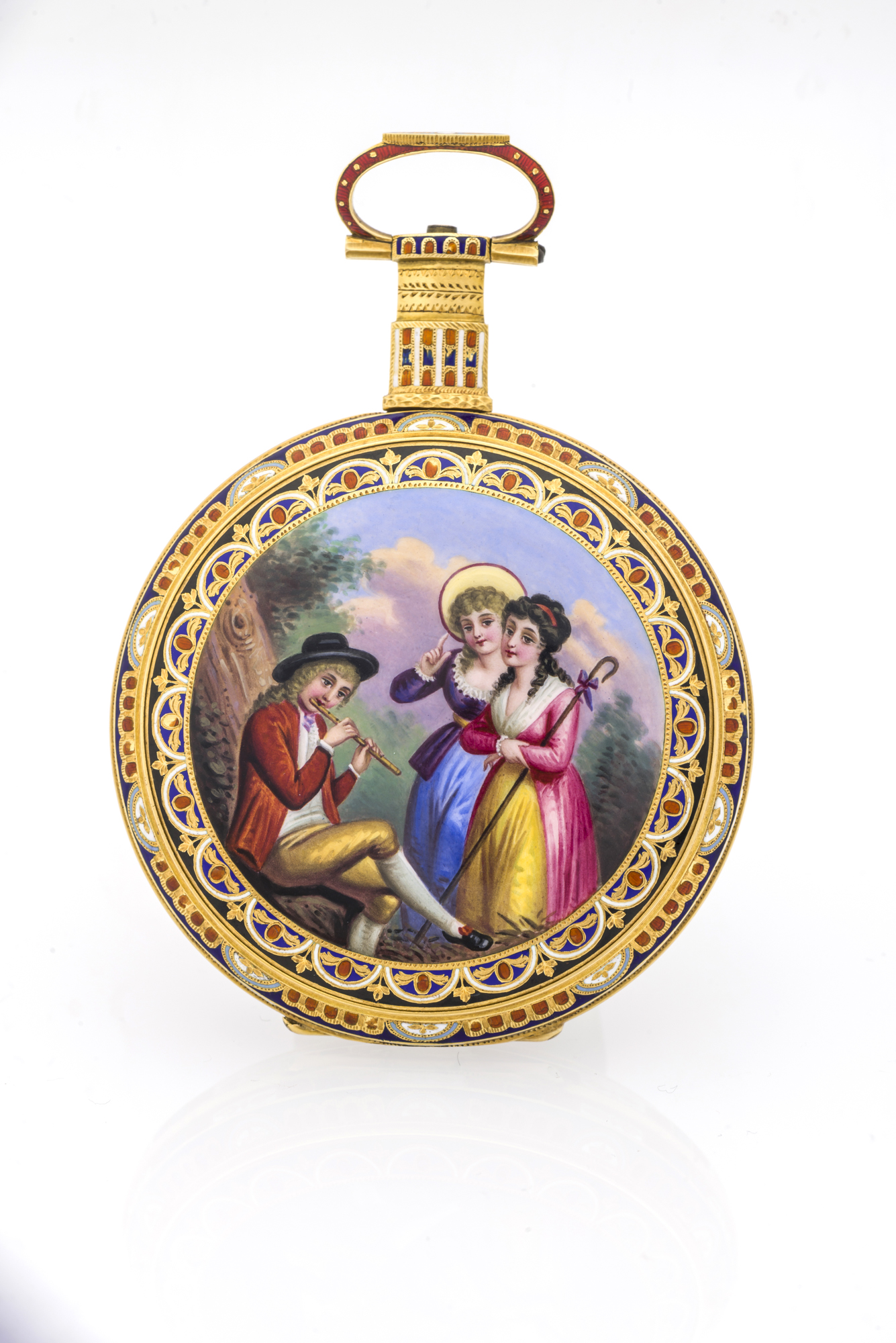 "COUNTRY SERENADE"
Edouard Juvet, Fleurier, No. 42350, the enamel probably Geneva. Made 
for the Chinese market, circa 1850. 
Very fine, 18K gold and painted on enamel pocket watch with duplex 
escapement and centre seconds.