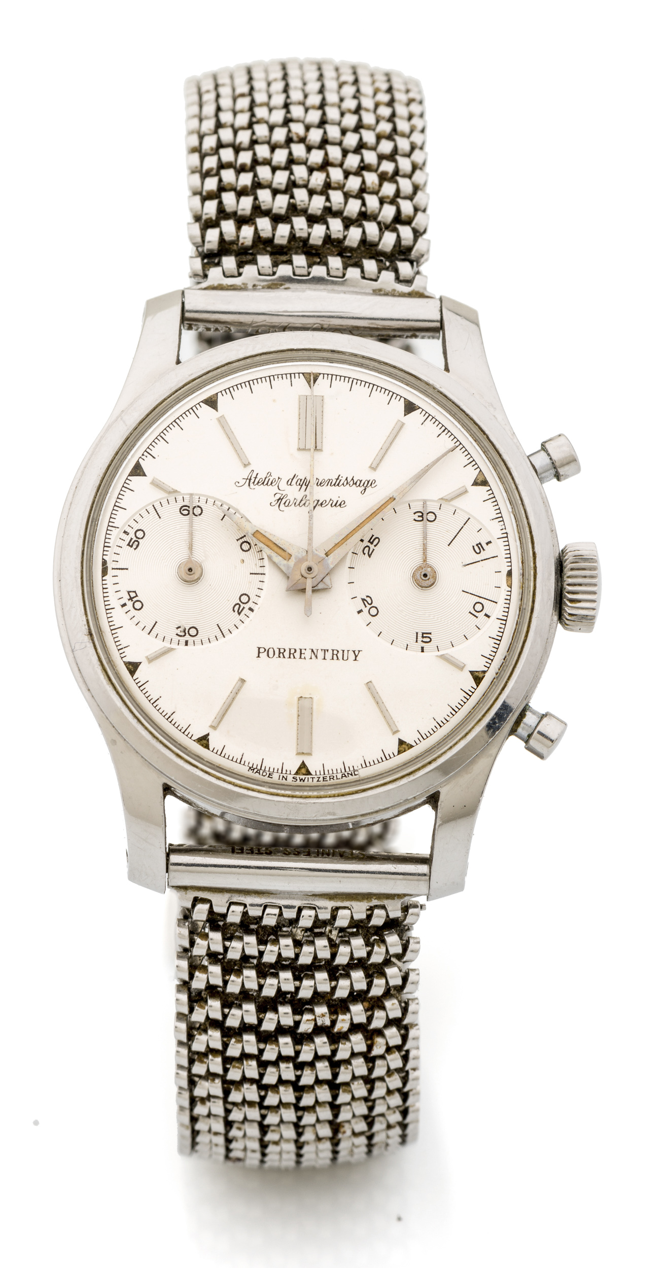 ATELIER D'APPRENTISSAGE HORLOGERIE/HEUER, STEEL A rare and unusual, manual wind, stainless steel chronograph wristwatch made by the watchmaking students.