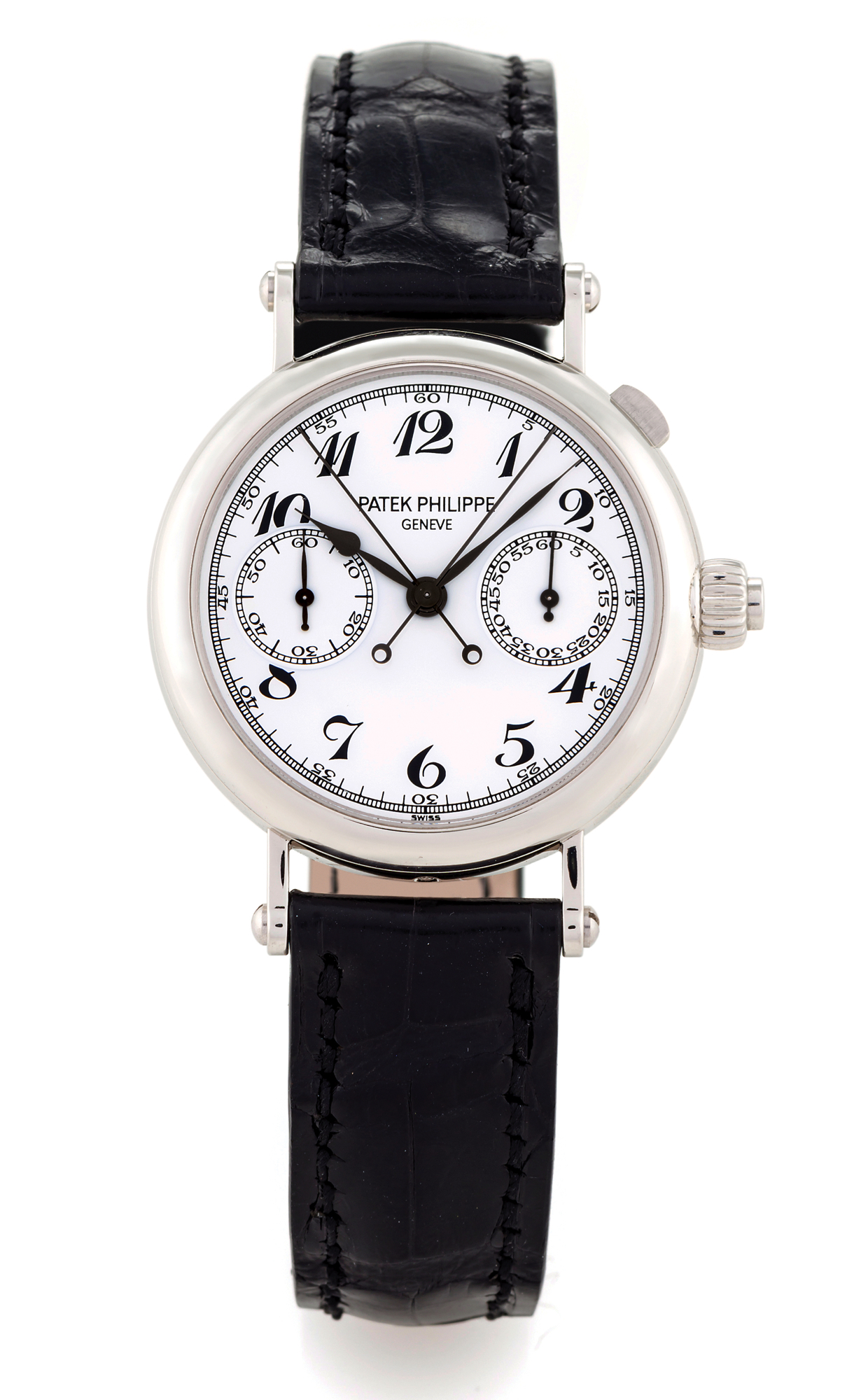 PATEK PHILIPPE REF. 5959 COAXIAL 
SPLIT-SECONDS CHRONOGRAPH, PLATINUM 
Patek Philippe, Genève, No. 3637090, case No. 4480360, 
Ref. 5959 P. Sold October 21st, 2009. 
Very fine and very rare, platinum and diamond wristwatch with 
coaxial round button split-seconds chronograph, register and 
a platinum Patek Philippe buckle. Accompanied by the Patek 
Philippe fitted box, Certificate of Origin and instructions.
