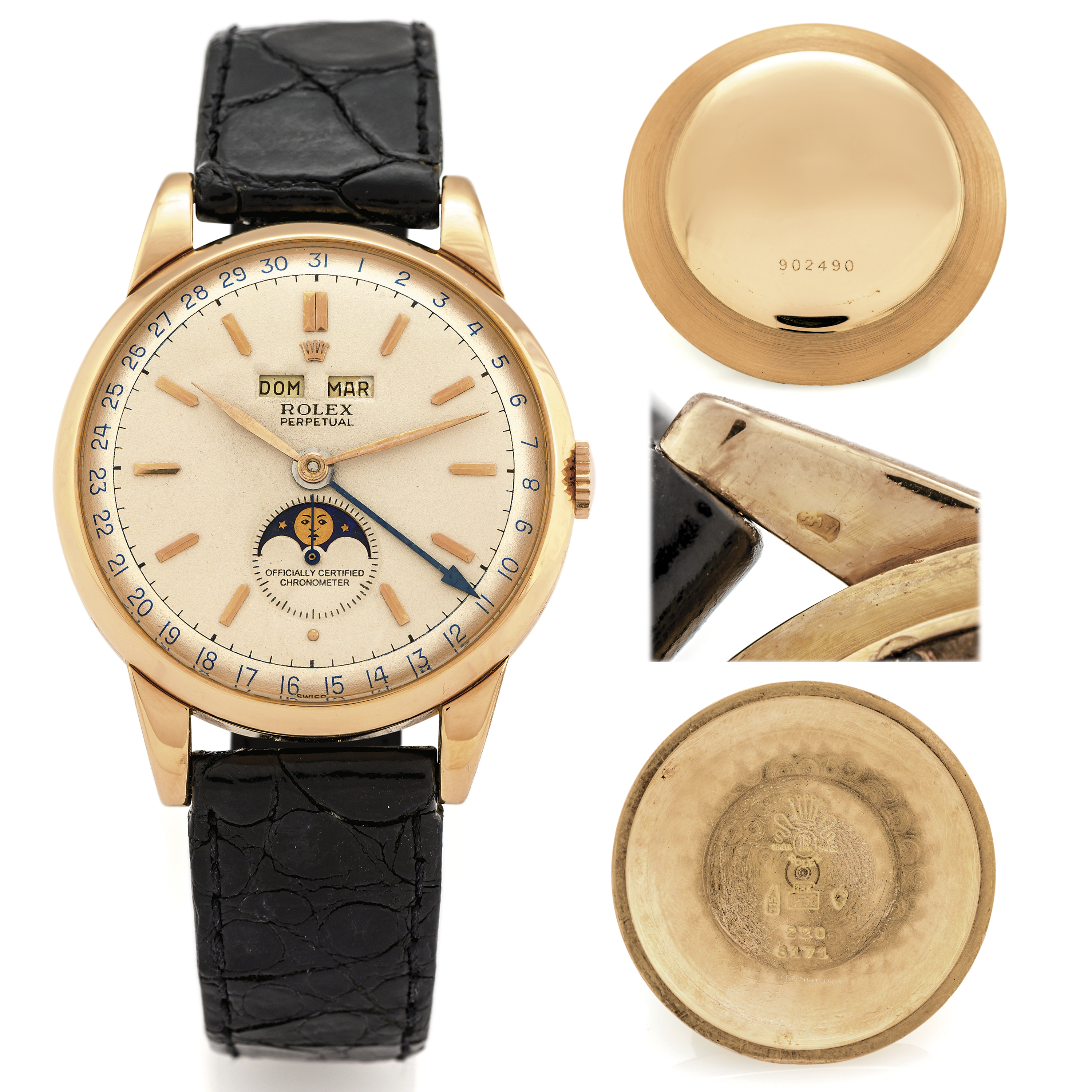 ROLEX REF. 8171 PADELLONE PINK GOLD 
Rolex, Perpetual, Officially Certified, Chronometer, No. 220, case No. 902490, 
Ref. 8171. Made in 1951. 
Fine and very rare, self-winding, 18K pink gold Chronometer wristwatch with triple 
date, moon phases. Accompanied by the original warranty, Rolex fitted box and a Rolex 
Geneva receipt dated September 2014.