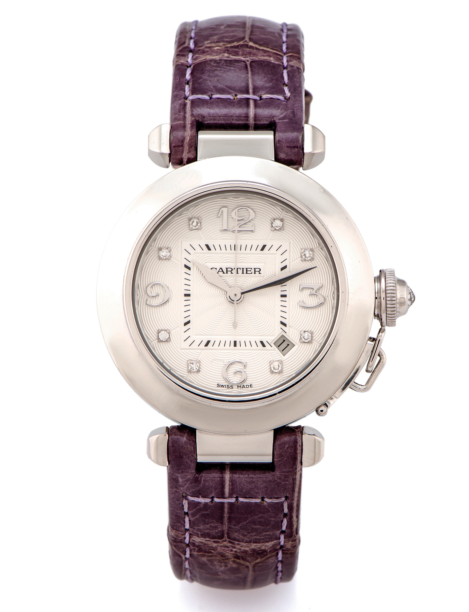 CARTIER REF 2528 PASHA WHITE GOLD 
Cartier, Pasha, case No. 364179 MG, Ref. 2528. 
Made circa 2008. 
Very fine, center seconds, self-winding, water-resistant, 18K 
white gold and diamonds wristwatch with date and an 18K 
white gold Cartier clasp.