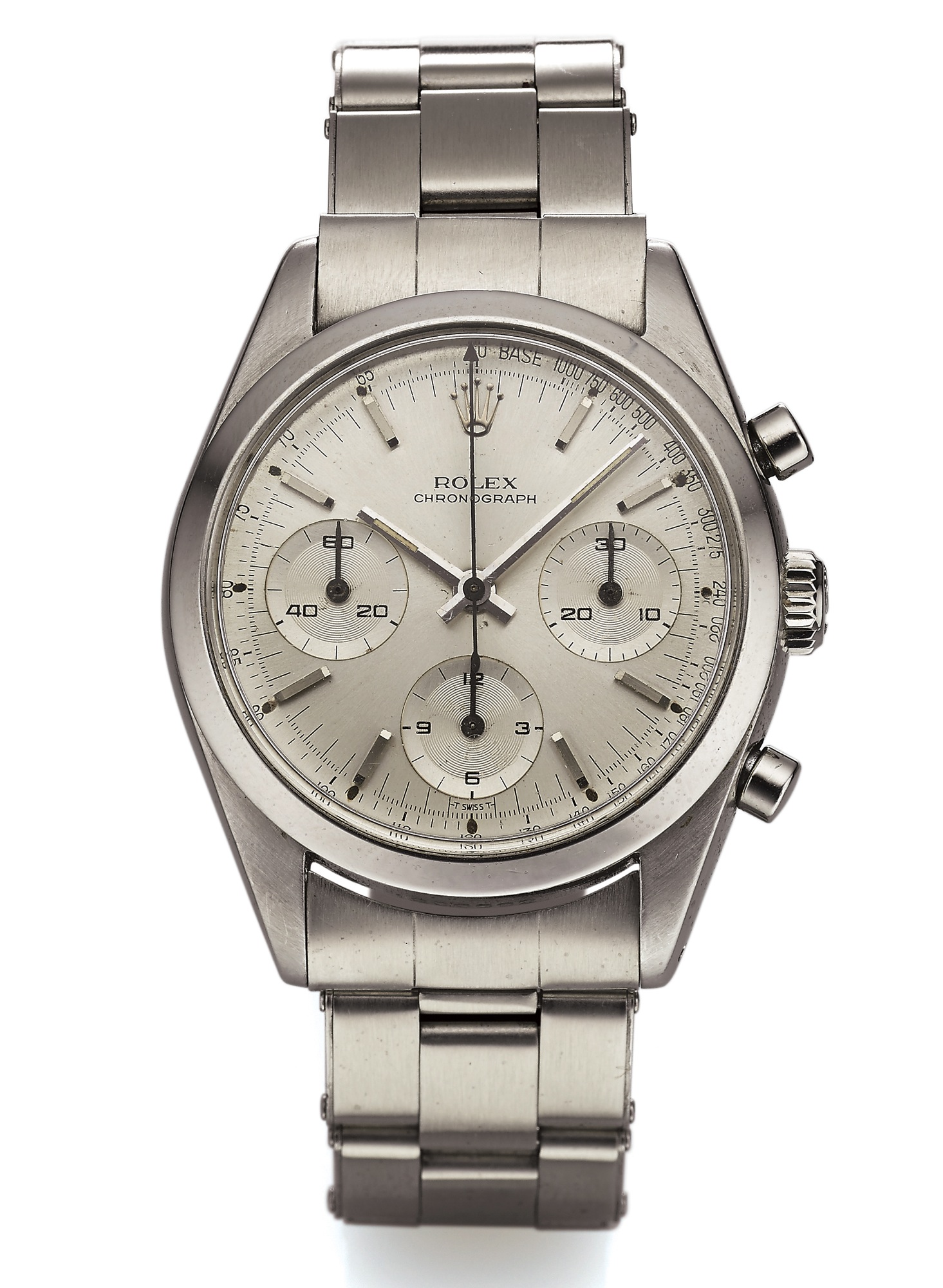 ROLEX REF. 6238 PRE-DAYTONA STEEL 
Rolex, Geneve. Case No.1206562, Ref. 6238. Made in 1965. 
Very fine and rare, water-resistant, manual winding, stainless steel wristwatch with round button chronograph, 
registers and tachometer with a stainless steel Rolex bracelet. Accompanied by a Rolex pouch.