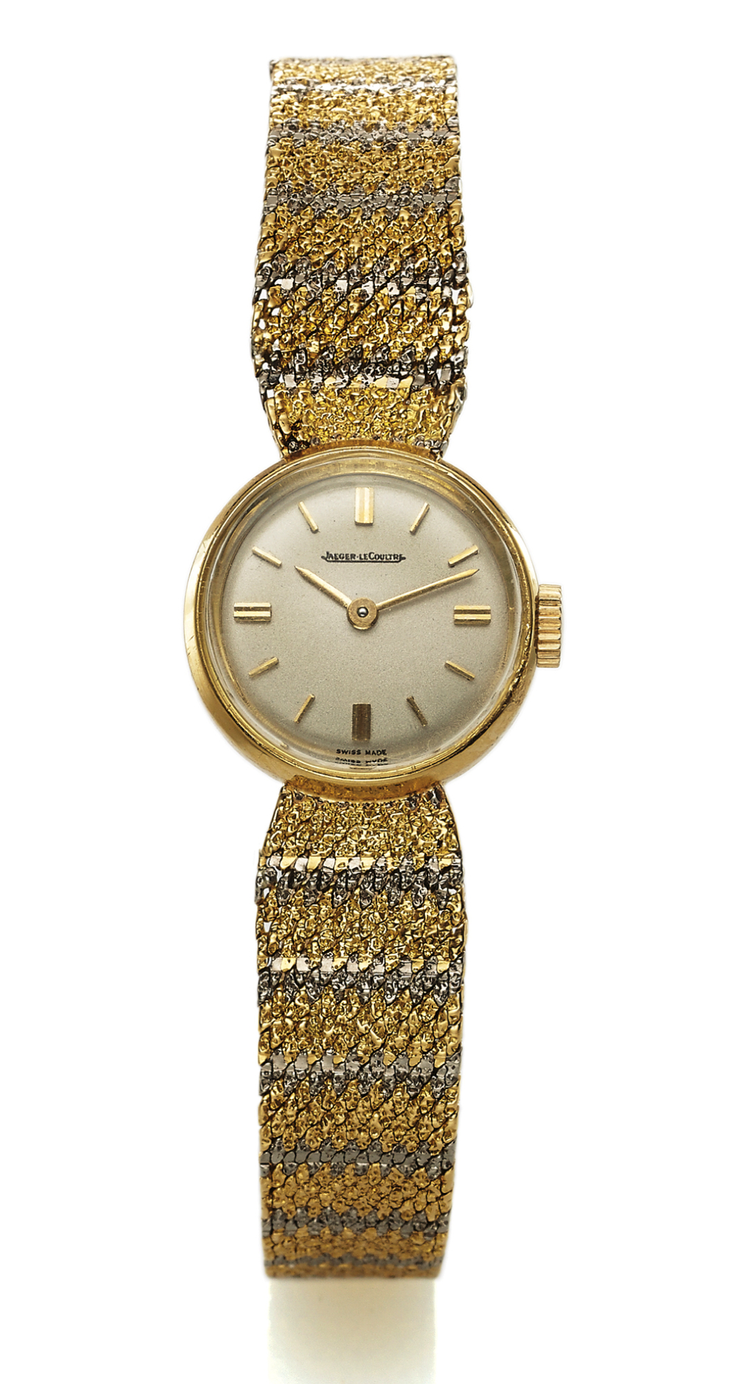 JAEGER LECOULTRE LADY'S YELLOW & WHITE GOLD 
Jaeger-LeCoultre, No. 1653231, case No. 895626A. Made in the 1960s. 
Fine and elegant, 18K yellow and white gold lady's wristwatch with an 
integral 18K yellow and white gold mesh bracelet.