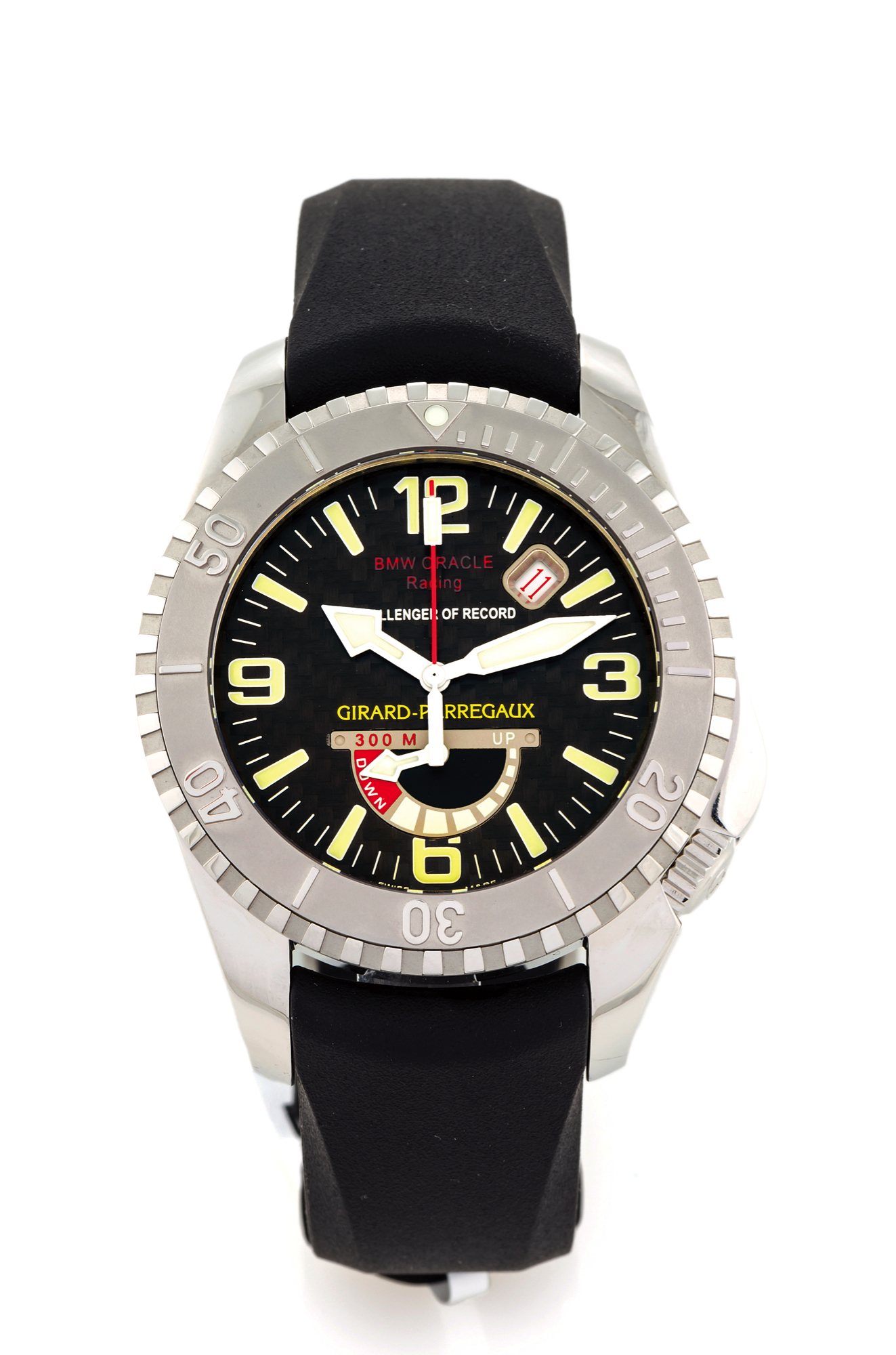 GIRARD PERREGAUX SEA HAWK II - USA 71 
Girard-Perregaux, "Sea Hawk ll, BMW Oracle Racing, Challenger of Record", No 126/500, 
Ref. 49905. Made in a limited series of 500 examples for the 32nd America's Cup in 2006. 
Fine and rare, large, center-seconds, self-winding, water-resistant, stainless steel wrist-
watch with power-reserve, date and a stainless steel Girard-Perregaux deployant clasp.