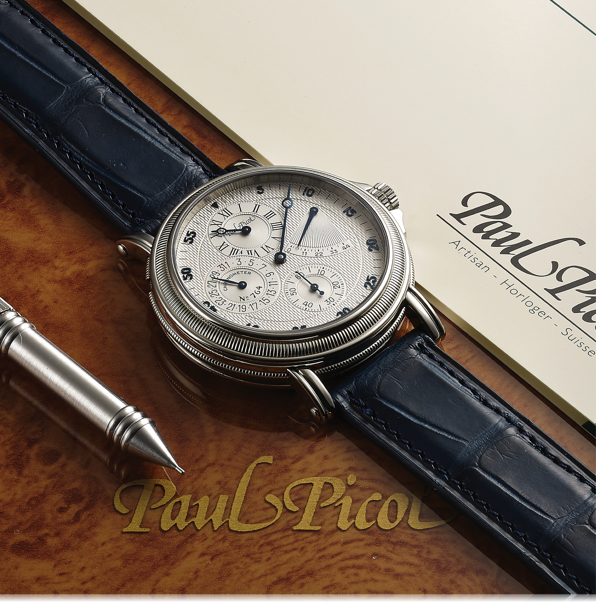 PAUL PICOT REF. 4029 REGULATEUR CHRONOMETER STEEL
Paul Picot, Genève, "Atelier 1100 Regulateur, Power-Reserve," No. 6227, case No. 764, 
Ref. 4029. Made circa 2012. 
Fine, self-winding, water-resistant, stainless steel Chronometer wristwatch with 
regulator dial, power reserve indication, date and a stainless Paul Picot buckle. 
Accompanied by the original fitted box, Chronometer certificate, guarantee 
certificate, push pin and instruction manual.