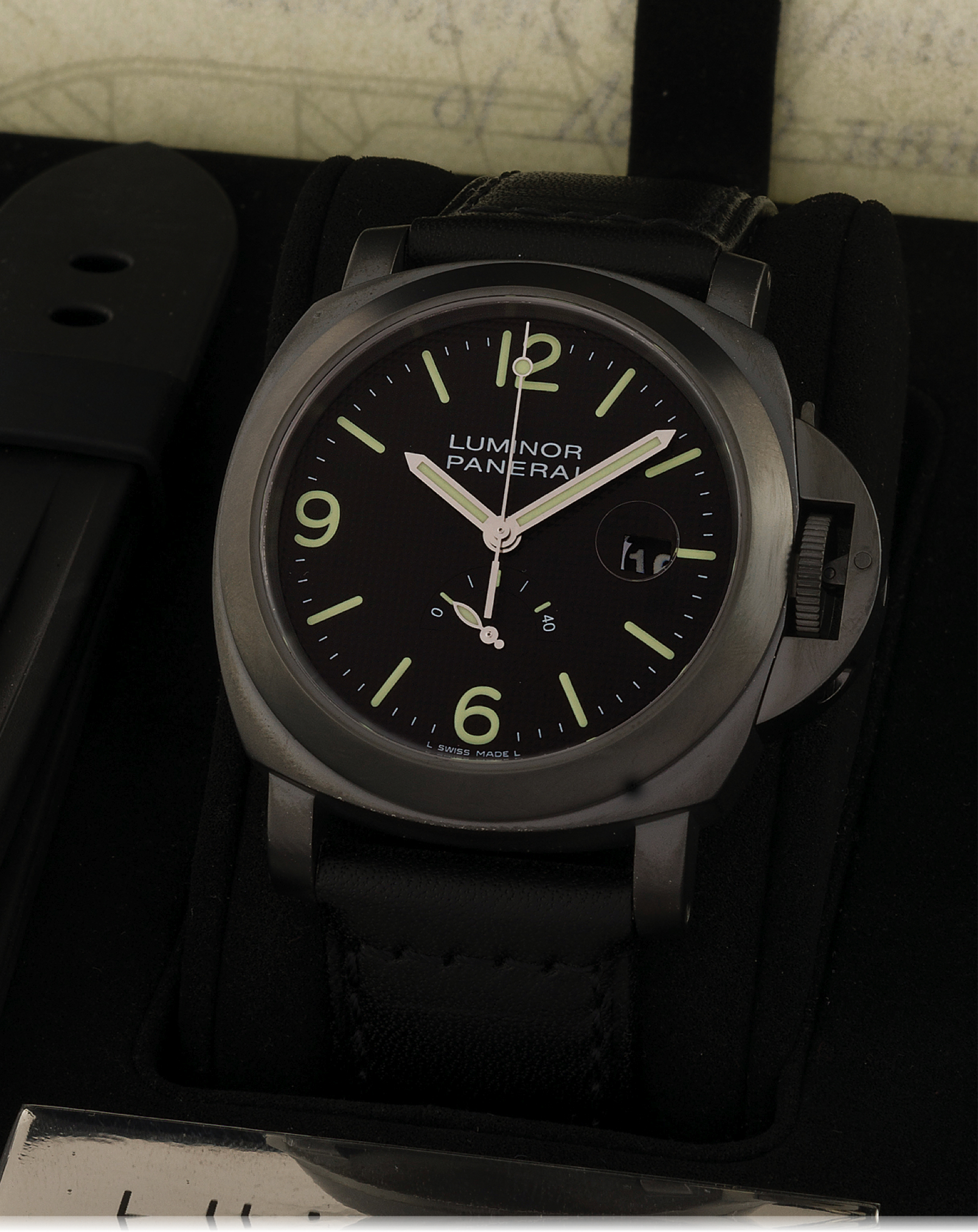 PANERAI PAM 28 LUMINOR PVD STEEL
Panerai Luminor, Officine Panerai, Firenze 1860, Automatic, Power Reserve, L0453/1000, PAM 28, Ref. OP 6783. 
Made in a limited edition of 1000 pieces in 2010. 
Fine, large, cushion-shaped, center seconds, self-winding, water-resistant, PVD-coated Chronometer diver's 
wristwatch with date, power reserve indication and a PVD-coated Panerai buckle. Accompanied by the original 
fitted box, Chronometer Certificate, warranty, spare rubber strap and tool.