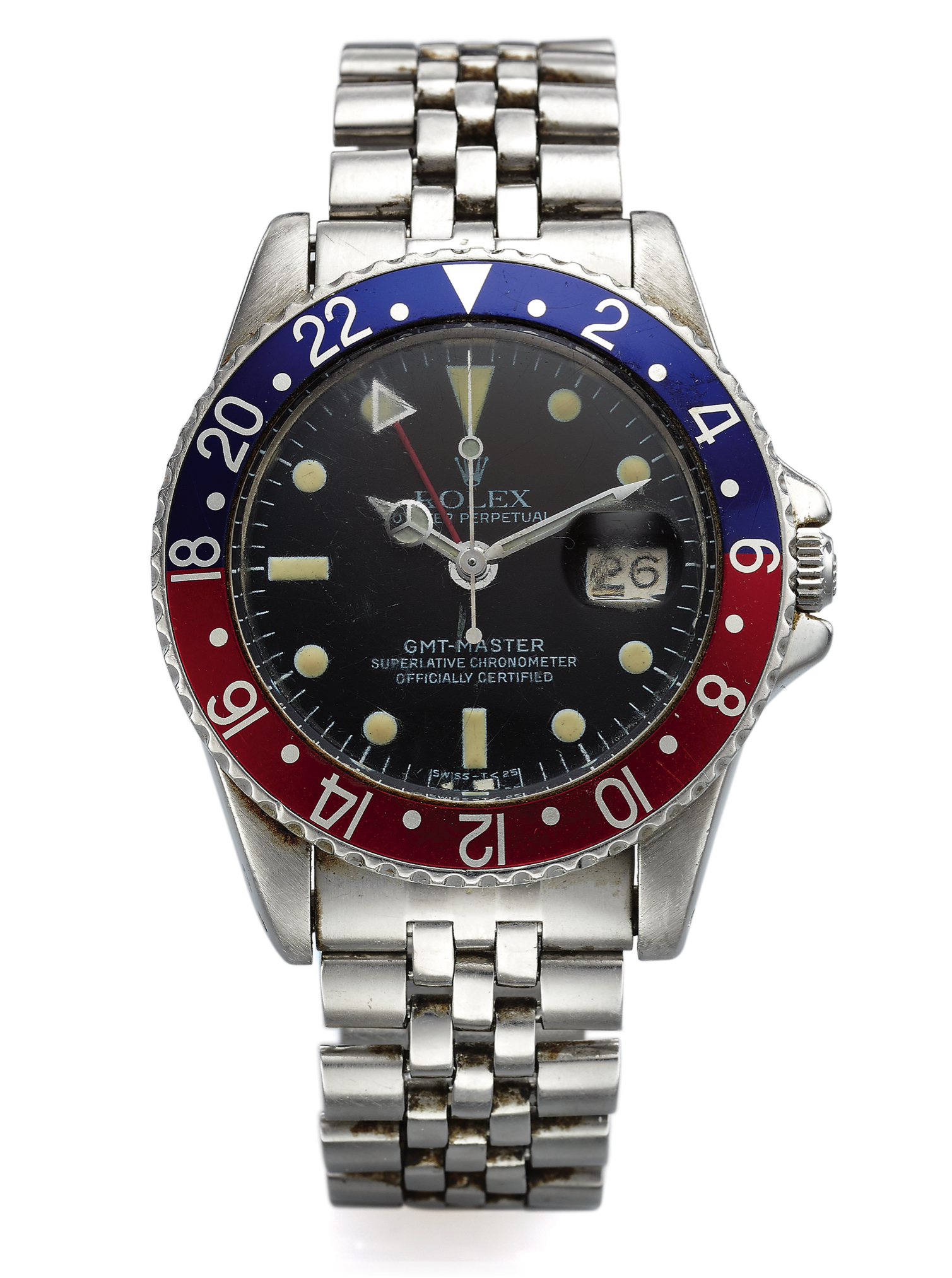 ROLEX REF. 1675 GMT MASTER STEEL 
Rolex, Oyster Perpetual, GMT-Master, Superlative Chronometer, 
Officially Certified, case No. 1027560, Ref. 1675. Made in 1963. 
Fine and rare, two time zone, center seconds, self-winding, water 
resistant, stainless steel wristwatch with date, 24-hour bezel and 
hand and a stainless steel Rolex Jubilee bracelet and deployant 
clasp. Accompanied by a box.