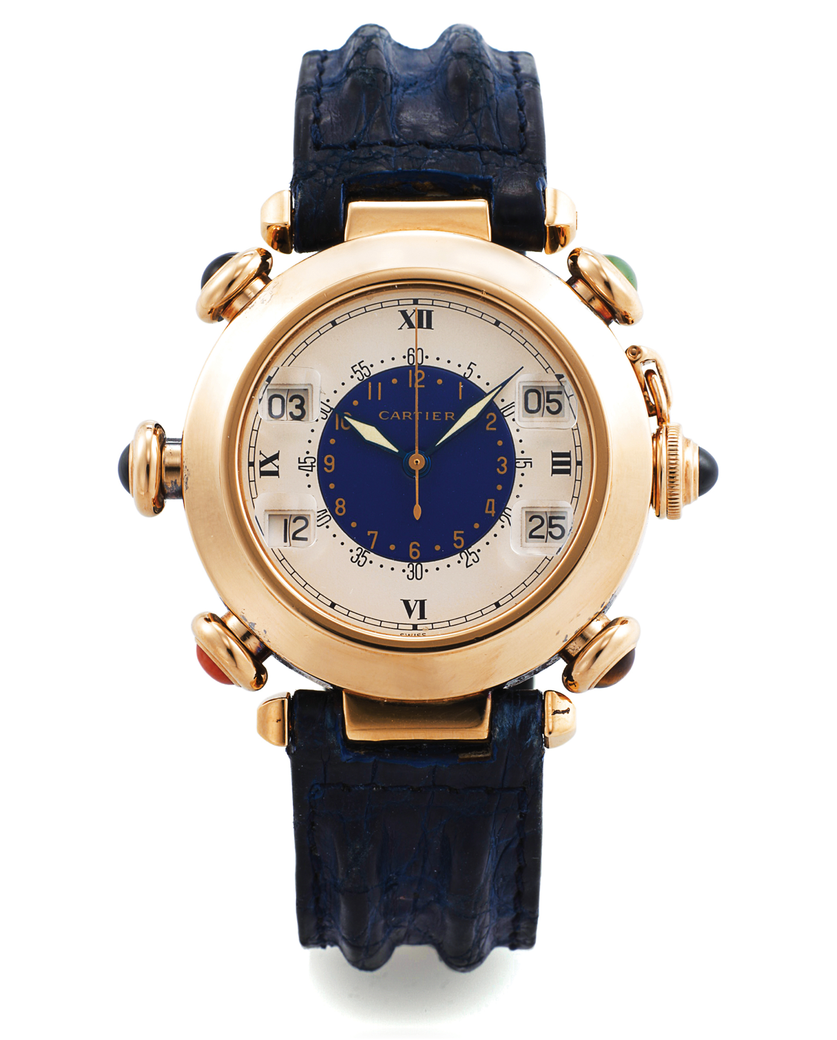 CARTIER REF. 30010 PASHA GOLF YELLOW GOLD
Made circa 1980s. 
Fine and rare, center seconds, 18K yellow gold quartz 
wristwatch with 5 pushers and 4 digital registers to add up 
golf strokes, and an 18K yellow gold Cartier deployant clasp.