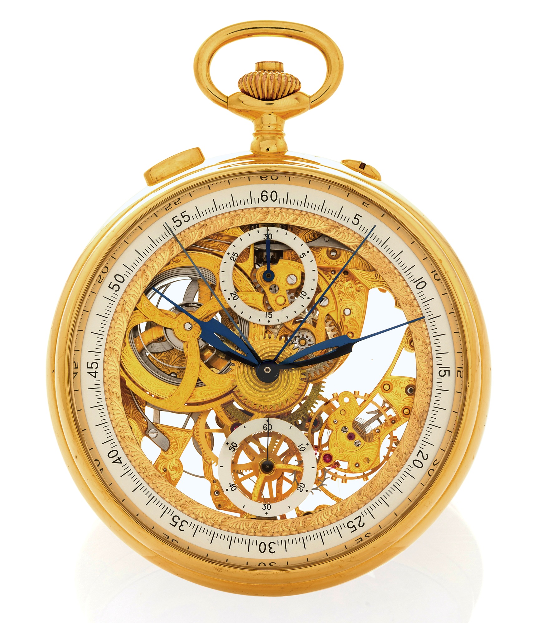 OMEGA OLYMPIC SKELETON CHRONOGRAPH 18K YELLOW GOLD
Omega, "Louis Brandt", No. 004, Ref. BA 143.6716. Made in a limited series in 1980 for the forthcoming 
celebration of the 50 years of Omega's Olympic timekeeping (Los Angeles 1932). 
Very fine and very rare, large and heavy 18K gold, keyless fully skeletonised watch with split-seconds 
chronograph and instantaneous 30-minute register.
