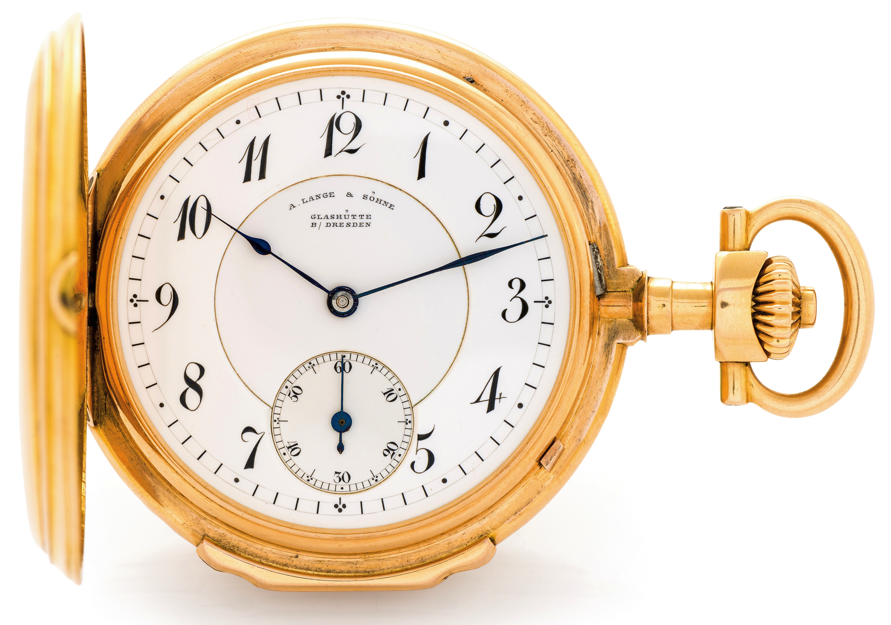 LANGE & SOHNE 1ST QUALITY GOLD POCKET WATCH 
A.Lange & Söhne, Glashütte Bei Dresden, No. 40390. Made circa 
1900. 
Very fine, large, 18K yellow gold, hunting cased keyless pocket 
watch with 1st quality movement.