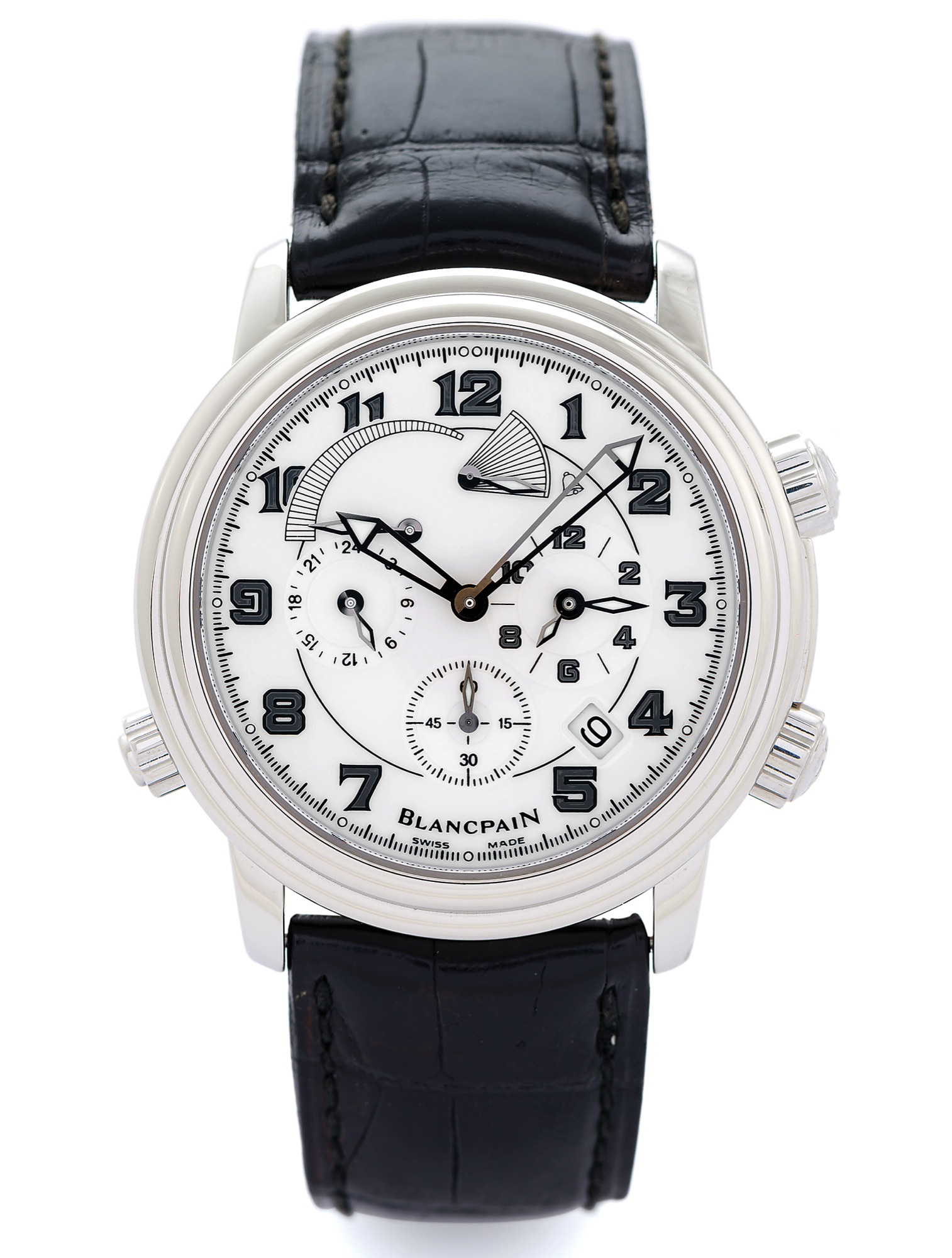BLANCPAIN LEMAN ALARM GMT STEEL 
Blancpain, "Léman Alarm GMT," No. 144. Made in the 2000s. 
Very fine, self-winding, water-resistant, two-time-zone, stainless 
steel wristwatch with alarm, alarm power-reserve indication, 
date and a stainless steel Blancpain deployant clasp.
