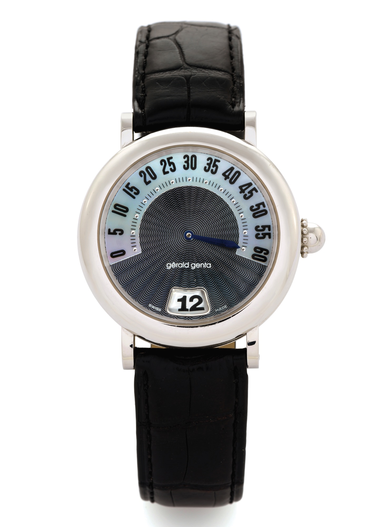 GERALD GENTA RETRO CLASSIC WHITE GOLD
Gérald Genta, "Rétro Classic", case No. 79097, Ref. G 3634.7. 
Made in the 1990s.
Fine, jump-hour, self-winding, water-resistant, 18K white 
gold wristwatch with retrograde minutes and a Gerald Genta 
18K white gold buckle.