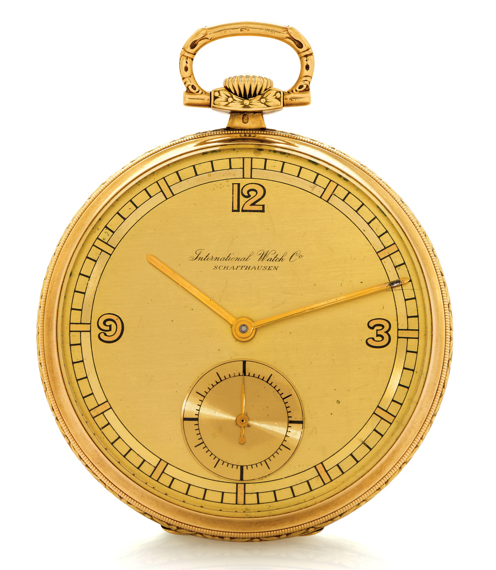 IWC DRESS WATCH YELLOW GOLD TWO TONE DIAL
International Watch Co., Schaffhausen, movement No. 
820581, case No. 1002140. Made in the 1930s. 
Very fine, 18K yellow gold keyless dress pocket watch.
