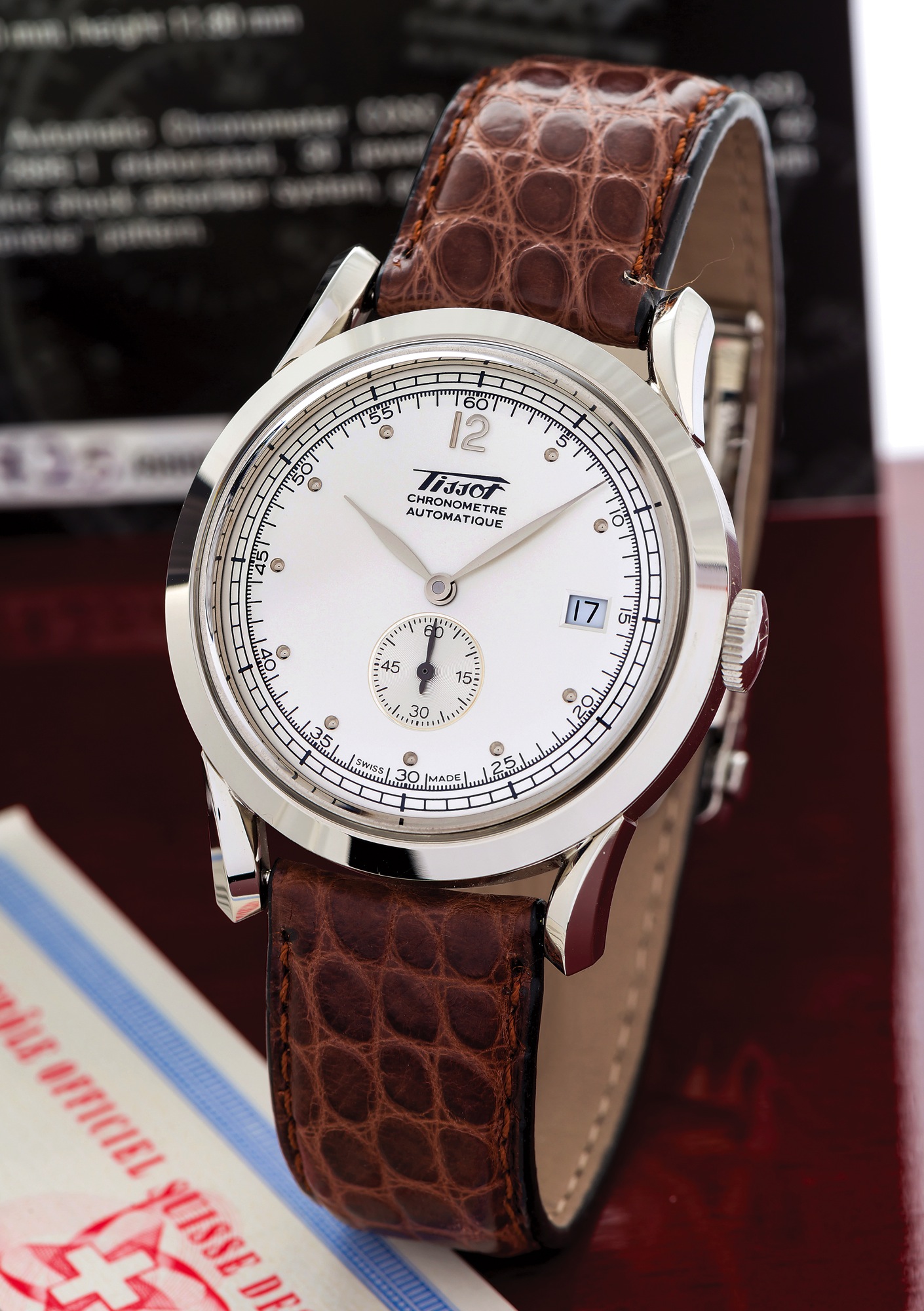TISSOT HERITAGE 150 YEAR ANNIVERSARY 
LIMITED EDITION THREE HAND CHRONOMETER Tissot, Swiss, "Heritage 150 Three Hand Chronometer", No. 1725/8888. 
Made in a limited edition of 8888 pieces to commemorate the 150th 
anniversary of Tissot in 2003, sold on May 27, 2003. 
Fine, large, stainless steel, water-resistant, self-winding, Chronometer wristwatch with date and a stainless steel Tissot deployant clasp. 
Accompanied by the original fitted box, guarantee, Chronometer certificate 
and user 