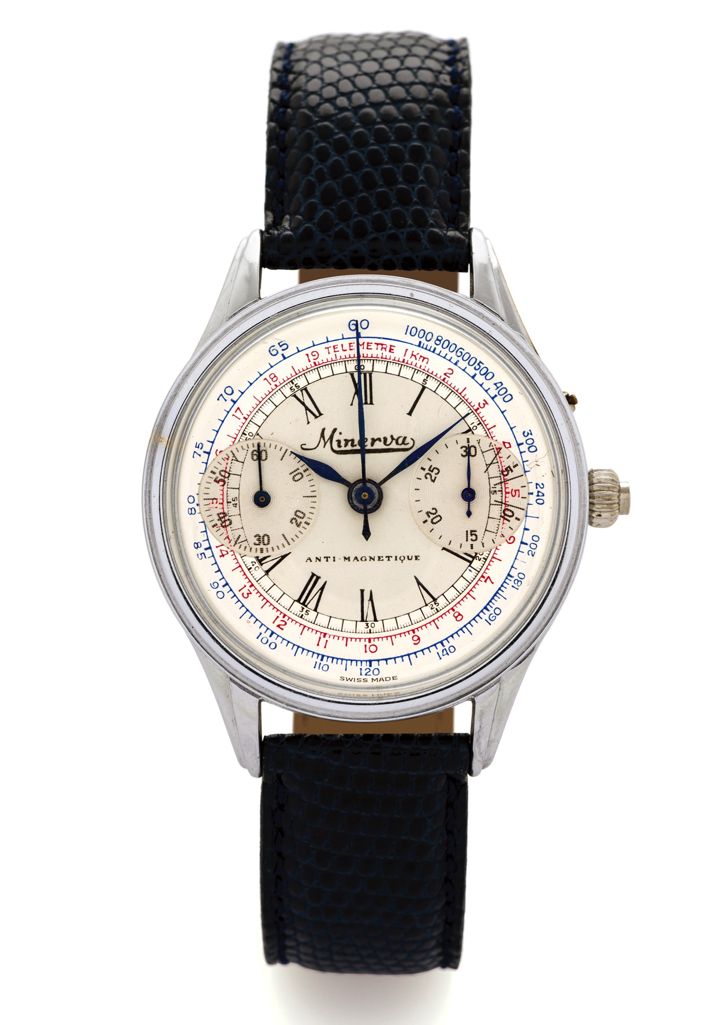 MINERVA SINGLE-BUTTON CHRONOGRAPH 
Minerva, Suisse, "Anti-Magnetique". Made in the 1940s.
Fine, chromed and stainless steel wristwatch with single-button 
chronograph, register, tachometer and telemeter.