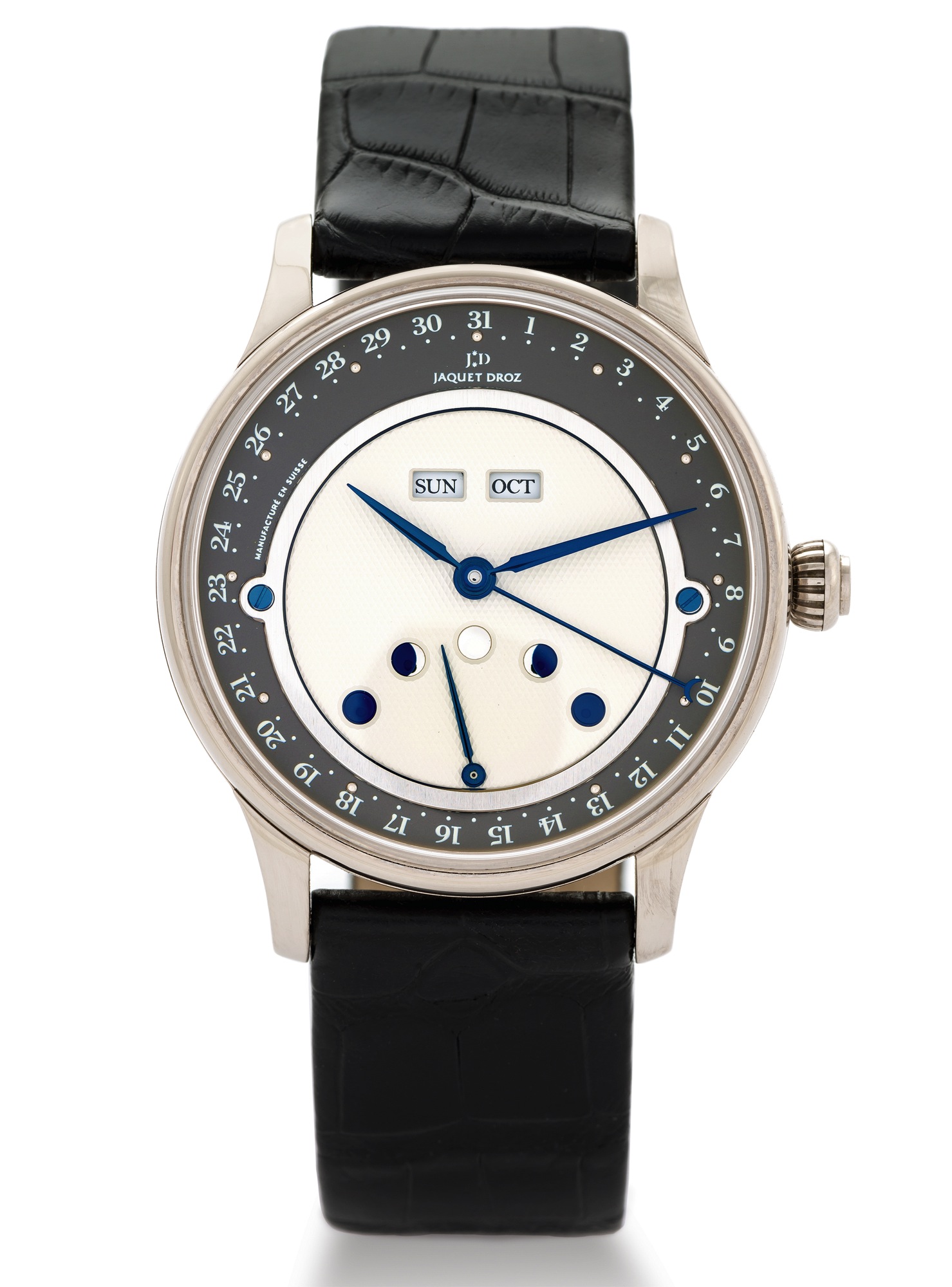 JAQUET DROZ LES LUNES WHITE GOLD
Jaquet Droz, Genève, "Les Lunes", movement No. 000233, case No. 21 & J012624. Made in the 2000s.
Very fine, large, self-winding, water-resistant, 18K white gold wristwatch with day, date, month and 
retrograde moon phases indication with an 18k white gold Jaquet Droz buckle.