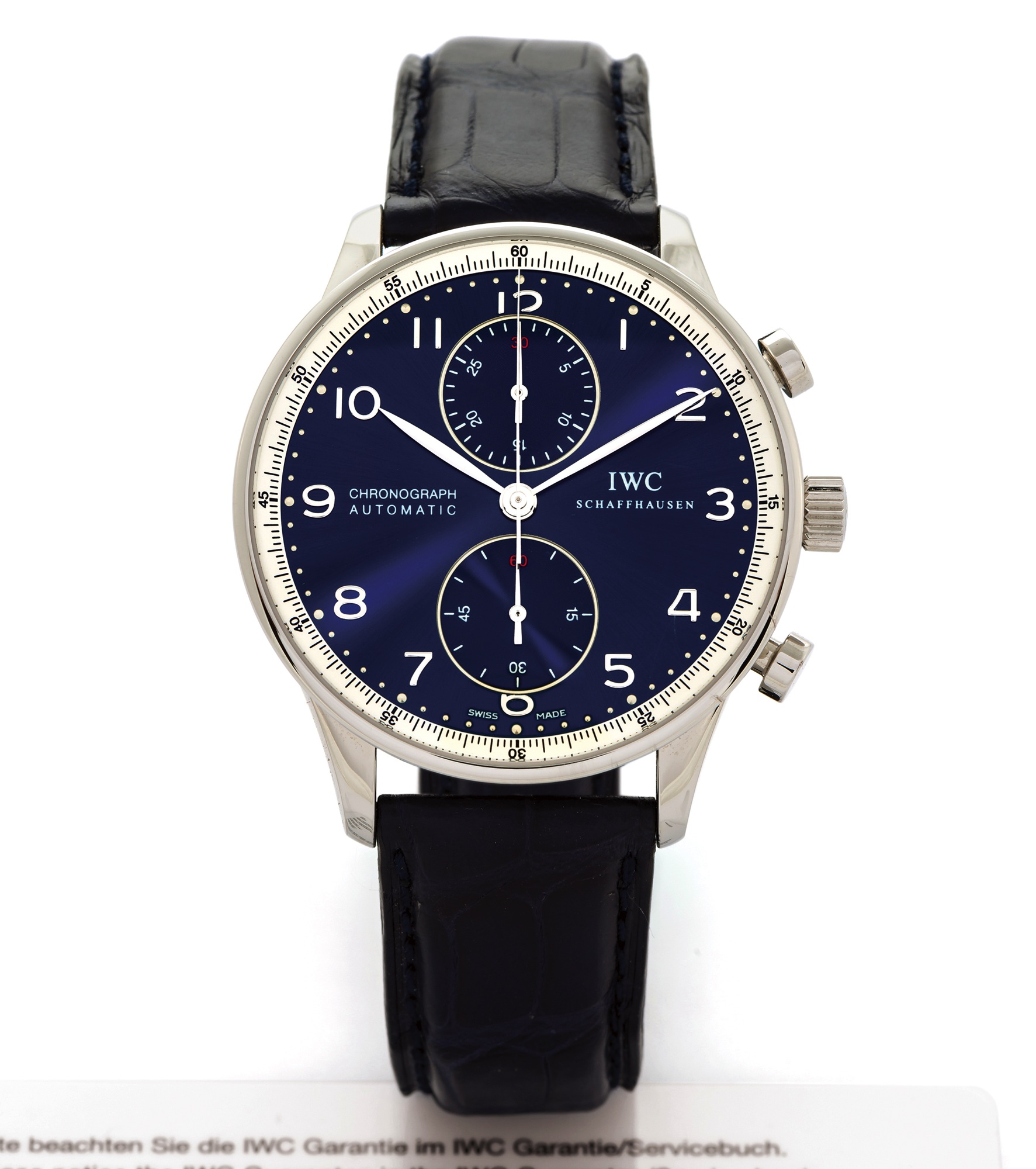 IWC PORTUGUESE CHRONOGRAPH LAUREUS LIMITED EDITION 
International Watch Co., Schaffhausen, "Portuguese - Chronograph Automatic", 
no. 0814/2000, case No. 3191496, Ref. IW371432. Made in a limited edition 
of 2000 pieces for the Laureus Sport for the Good Foundation in 2006. 
Very fine, large, self-winding, water-resistant, stainless steel wristwatch with 
round button chronograph, register and a stainless steel IWC buckle. Accompanied 
by a blank guarantee and Laureus booklet.