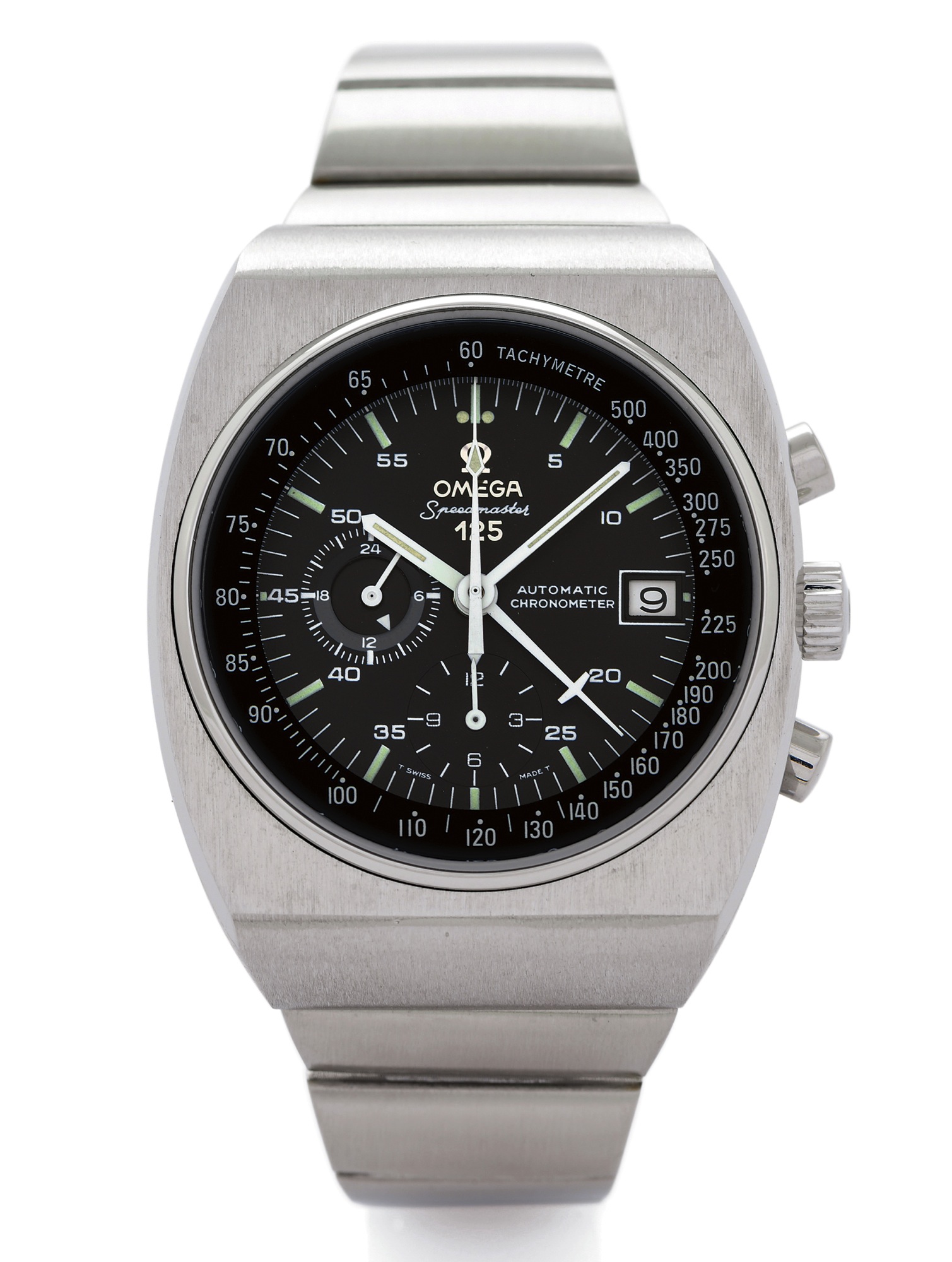 OMEGA SPEEDMASTER 125 
CHRONOGRAPH STAINLESS STEEL 
Omega, "Speedmaster 125, Automatic Chronometer", No. K478, Ref. ST 178.0002 / 378.0801. Made in a limited edition of 2000 pieces to 
celebrate the 125th anniversary of Louis Brandt/ Omega in 1973. 
Fine, large, tonneau-shaped, self-winding, water-resistant, stainless 
steel Chronometer wristwatch with date, round button chronograph, 
12-hour register, central minute counter, 24-hour night/day 
indication and an integral stainless steel O